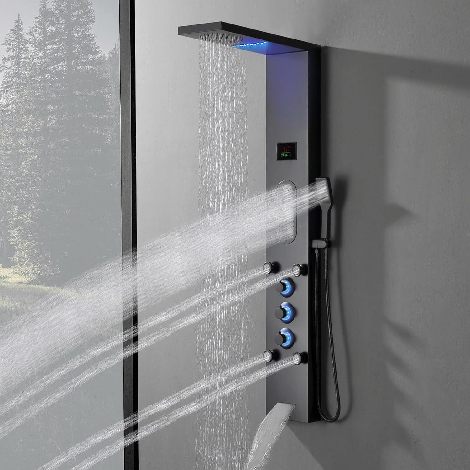 Black Shower Panel Tower System, LED Light Shower Tower with Large Area Body Jet Massage Shower Fixtures with LCD Temperature Display, Adjustable Body Jets Tub Spout Hand Shower, Black