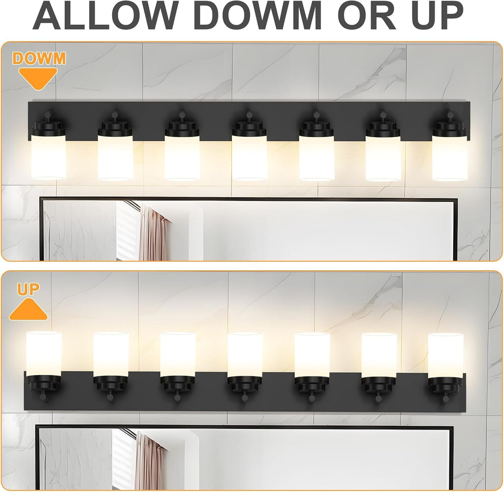 IZORRO Bathroom Vanity Light Fixture, 7-Light 52 inch Matte Black Bathroom Light Fixtures Over Mirror, with White Glass Shade, Modern Farmhouse Vanity Lights, Rustic Restroom Lighting Fixtures
