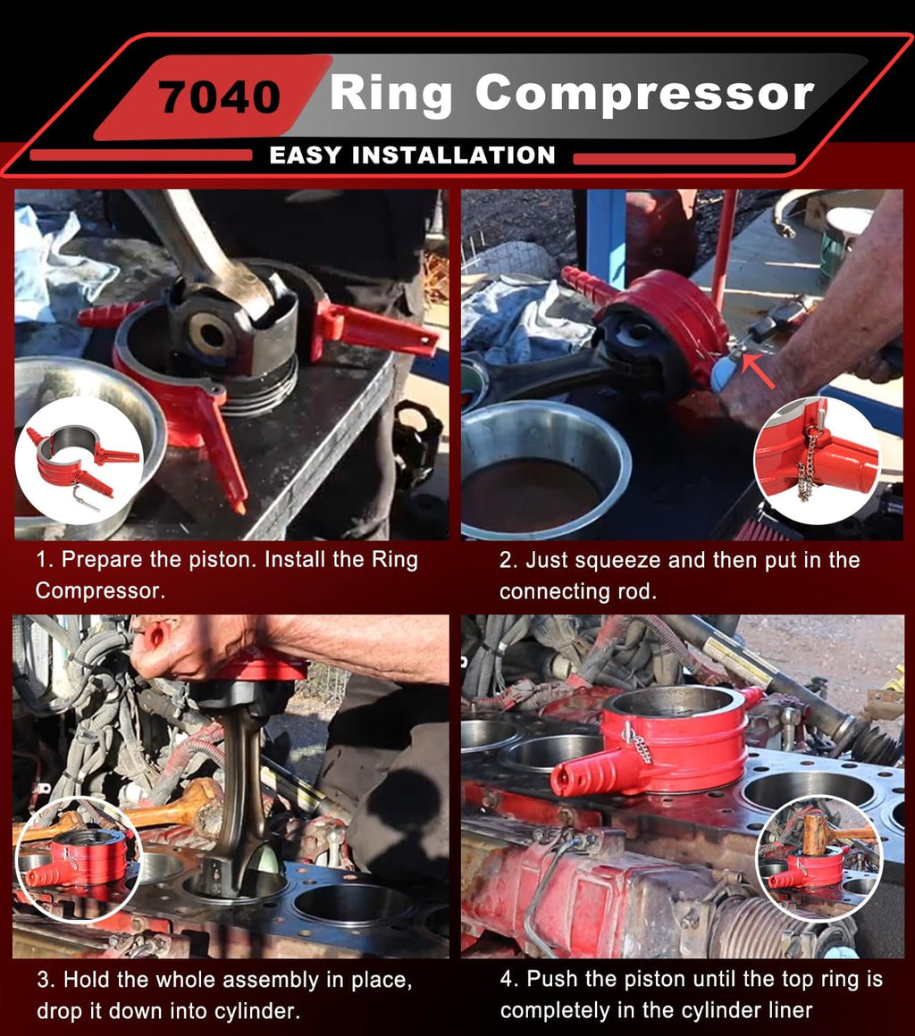 7040 Piston Ring Compressor Tool, Piston Ring Compressor Adapter & Anti-Polishing Ring Kit For Cummins ISX QSX 15, Caterpillar 3400, 3406, 3408, C15, 5.4' bore Replace# PT-7040 5299339 5394454