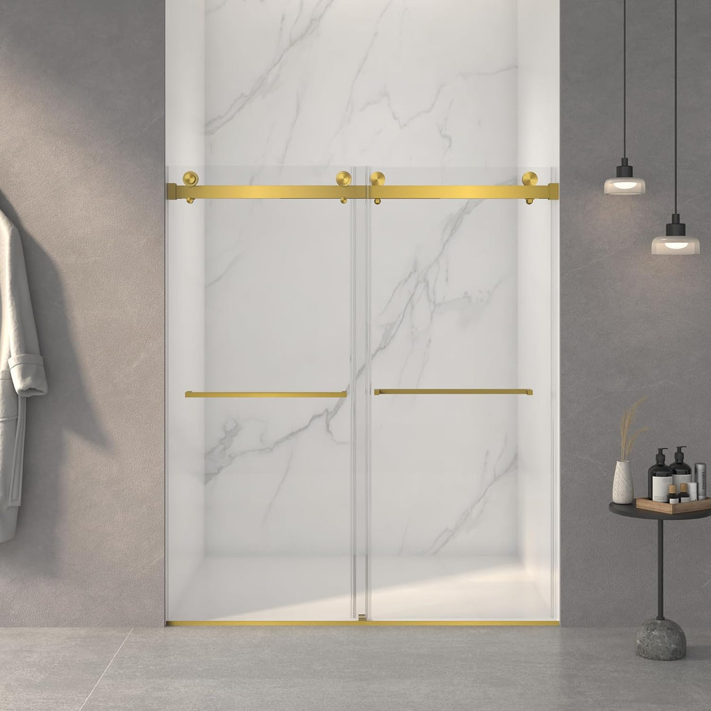 KEIKI 56-60' W x 70' H Frameless Double Sliding Shower Door, 5/16' (8mm) Thick SGCC Tempered Clear Glass, Double Side Easy Clean Coat, Brushed Gold Finished with Buffer