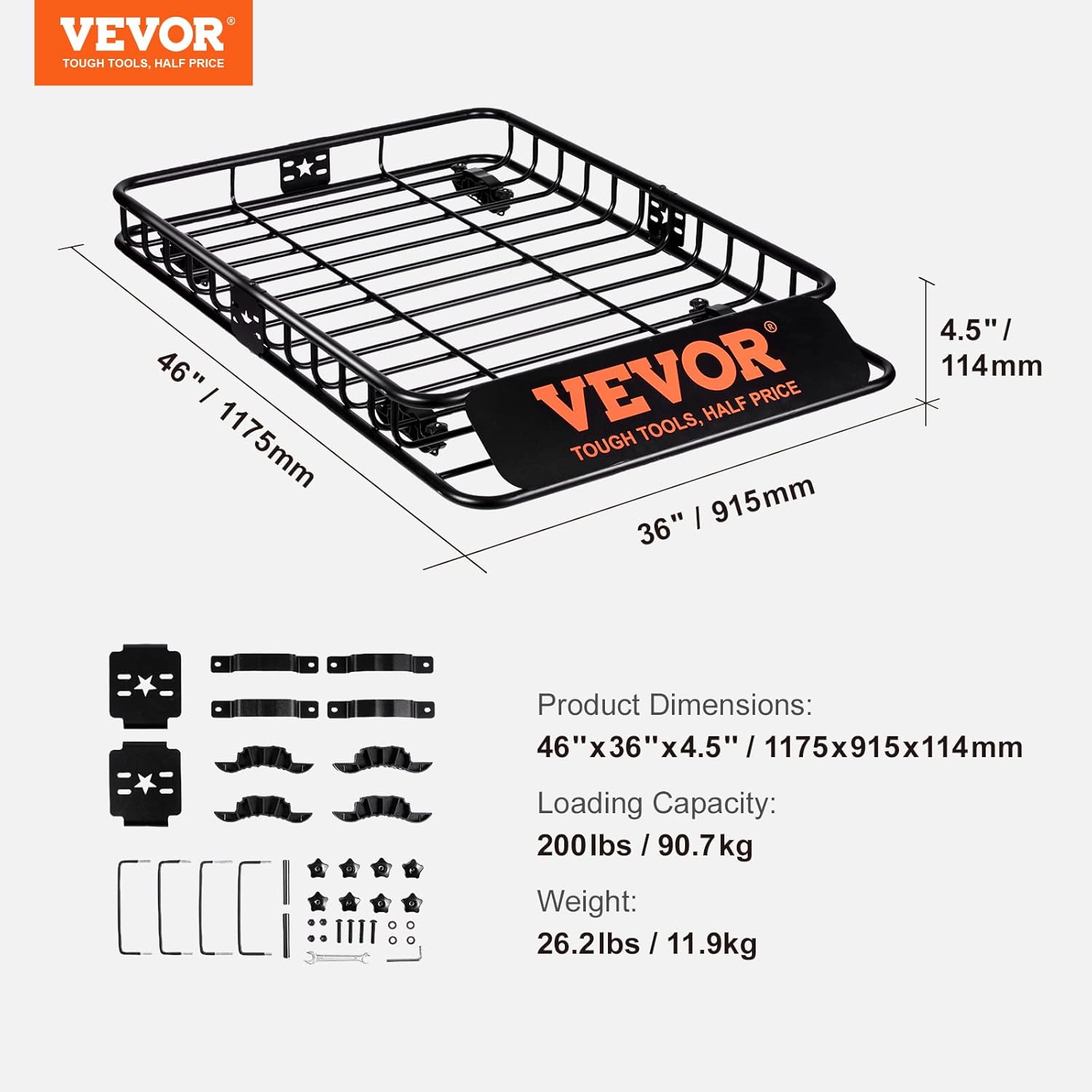 VEVOR Roof Rack Cargo Basket, 46' x 36' x 4.5' Rooftop Cargo Carrier, Heavy-Duty 200 LBS Capacity Universal Roof Rack Basket, Luggage Holder for SUV, Truck, Vehicle