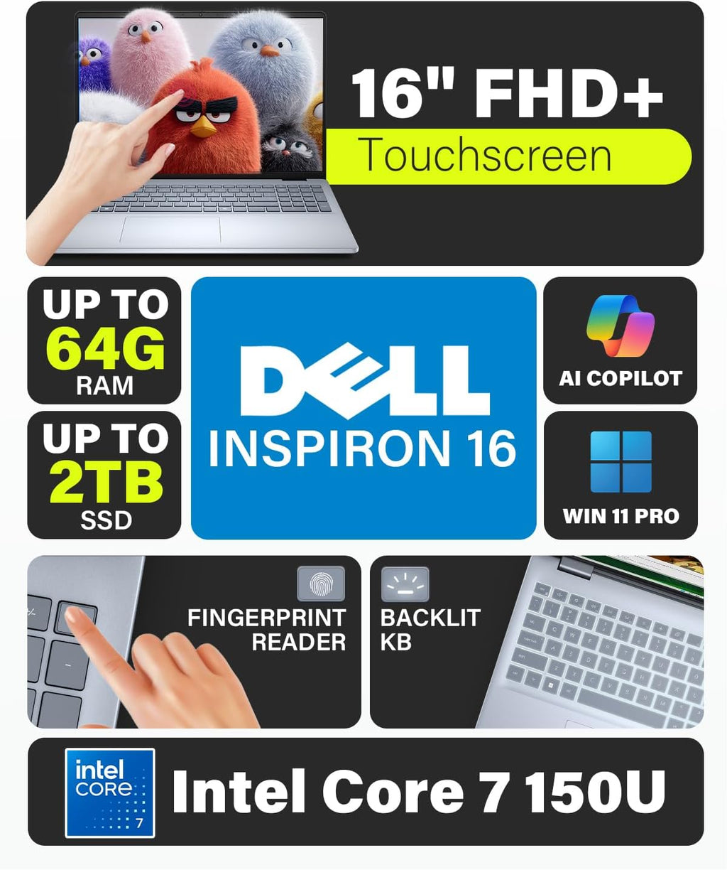 Dell 16 Laptop Touchscreen Business Computer - Intel 10-Core 7 150U(up to 5.4GHz), 16'' FHD+ Touch Dsiaplay, Backlit KB, Fingerprint, Windows 11 pro, 32GB DDR5 RAM, 1TB SSD