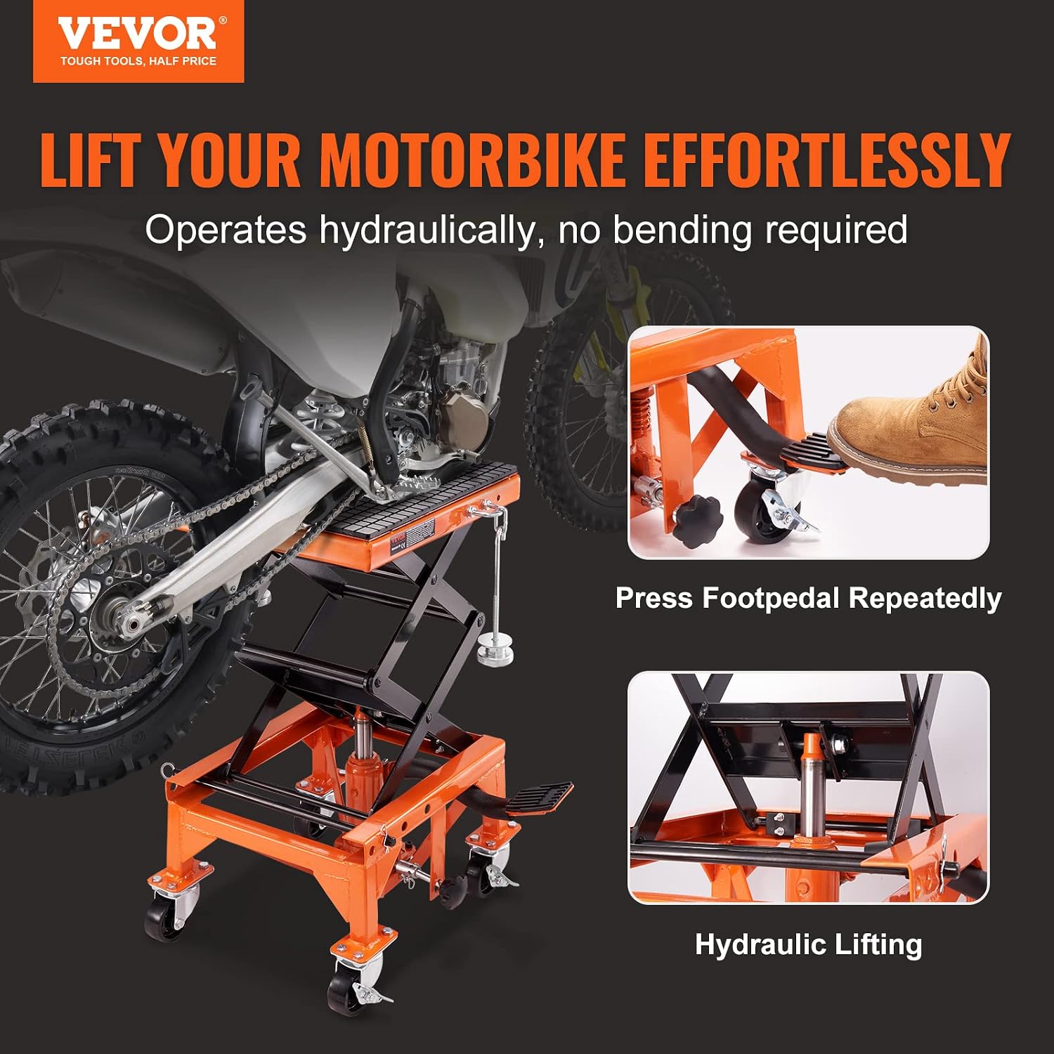 VEVOR Hydraulic Motorcycle Lift Table, 350 lbs Capacity Motorcycle Scissor Jack Lift with Wide Deck, J-Hooks, 4 Wheels, Hydraulic Foot-Operated Jack Stand for ATV Dirt Bikes