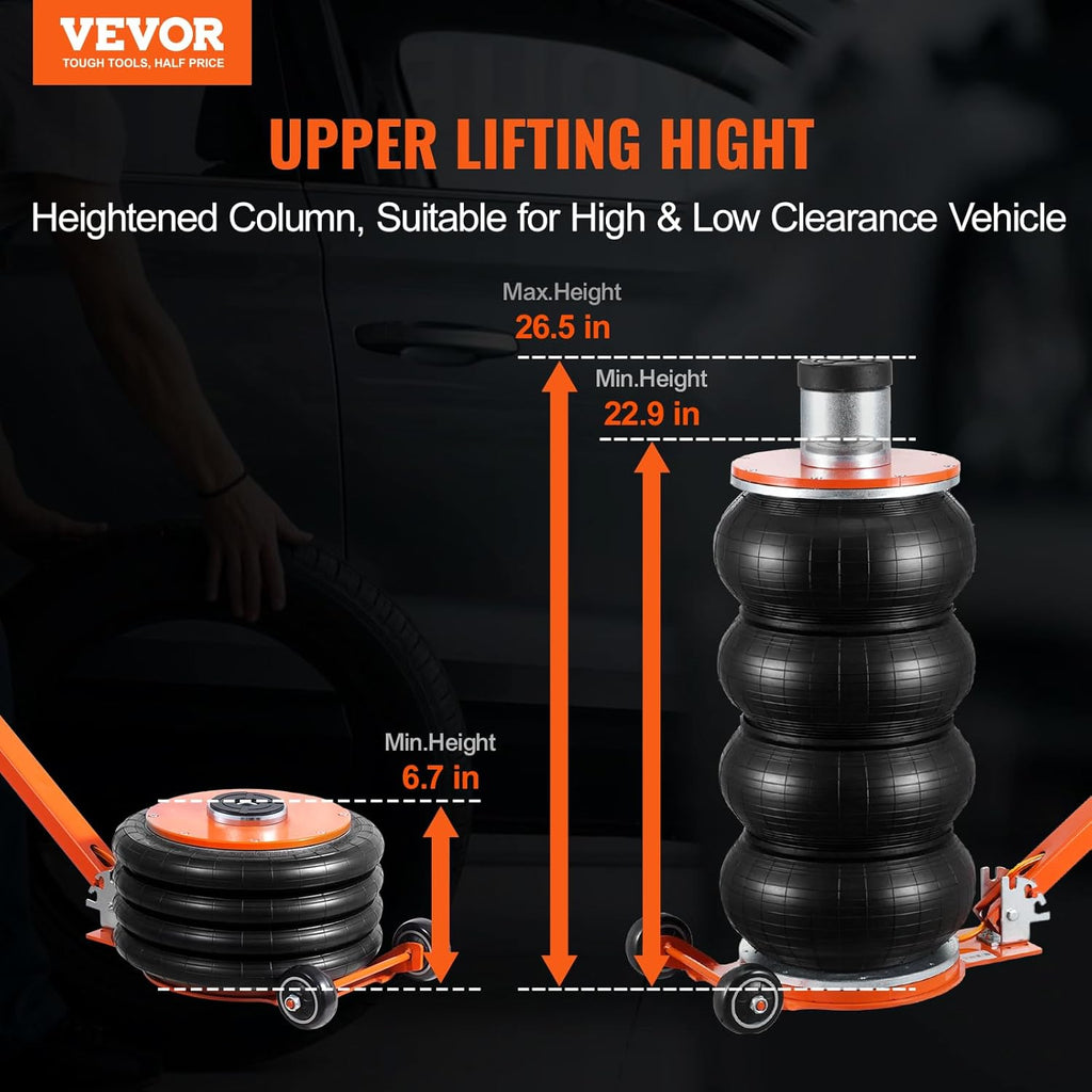 VEVOR Air Jack, 6 Ton/13000 lbs Quadruple Bag Air Jack, Lift up to 26.5', with Heightened Column & Adjustable Handle, Thick Rubber Pad, 2-5 S Fast Lifting Pneumatic Jack for Car, SUV, Pickup Truck