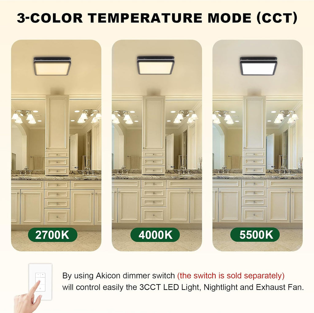 Akicon Bathroom Exhaust Fan with Light, 80CFM 2.0 Sones Powerful Bathroom Fan and Humidity Sensor Switch Combo, 3CCT LED Light and Nightlight Ventilation Fan for Home, Square, Black