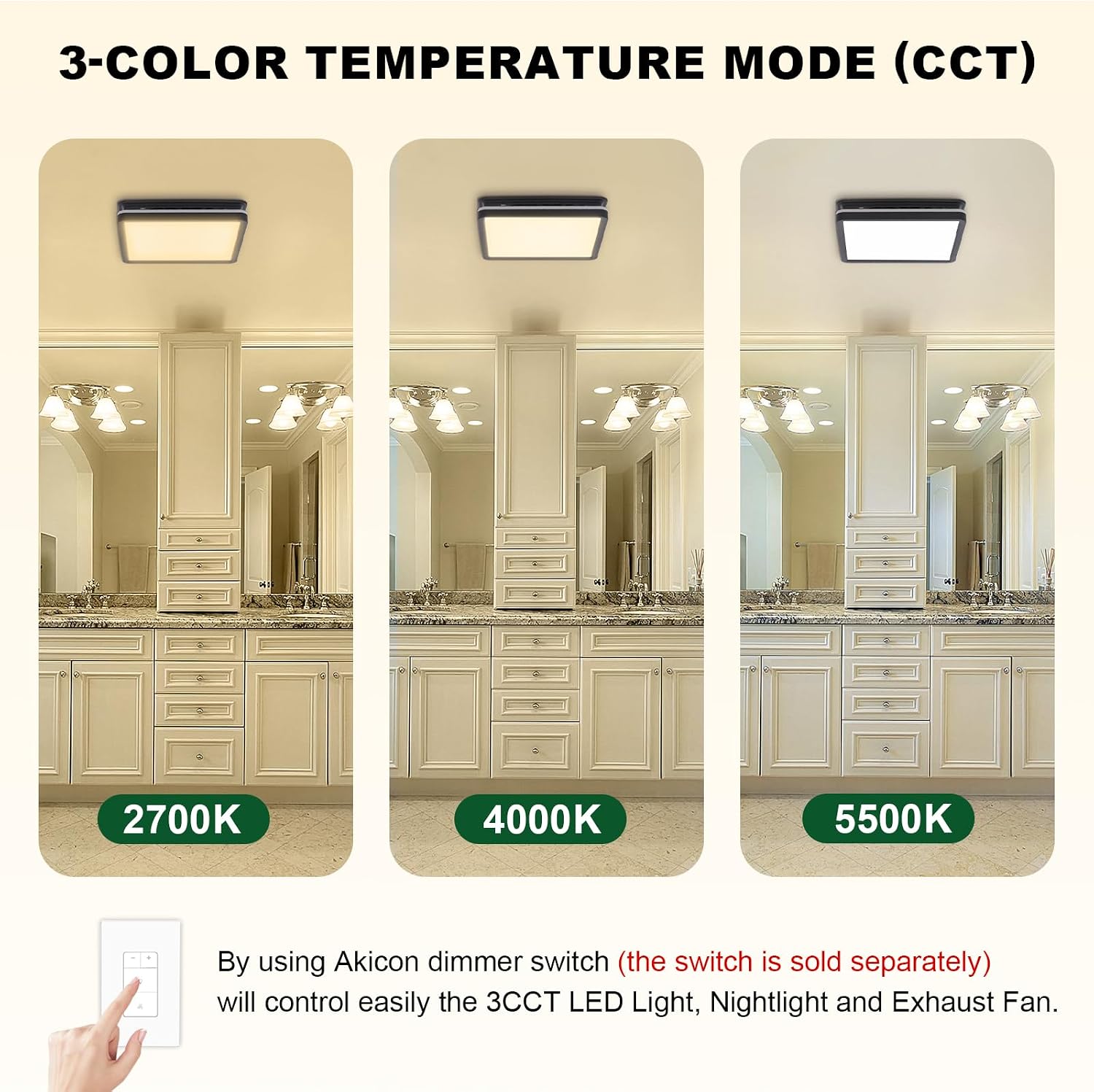 Akicon Bathroom Exhaust Fan with Light, 80CFM 2.0 Sones Powerful Bathroom Fan and Humidity Sensor Switch Combo, 3CCT LED Light and Nightlight Ventilation Fan for Home, Square, Black