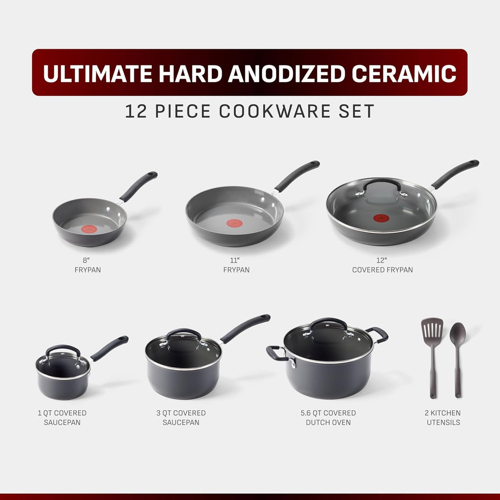 T-Fal Ultimate Hard Anodized 12-Piece Ceramic Nonstick Cookware Set, Oven Safe Up to 400°F, Ceramic Pots and Pans Set, Frying Pans, Saucepan, Stockpot, Cooking Utensils, Stone