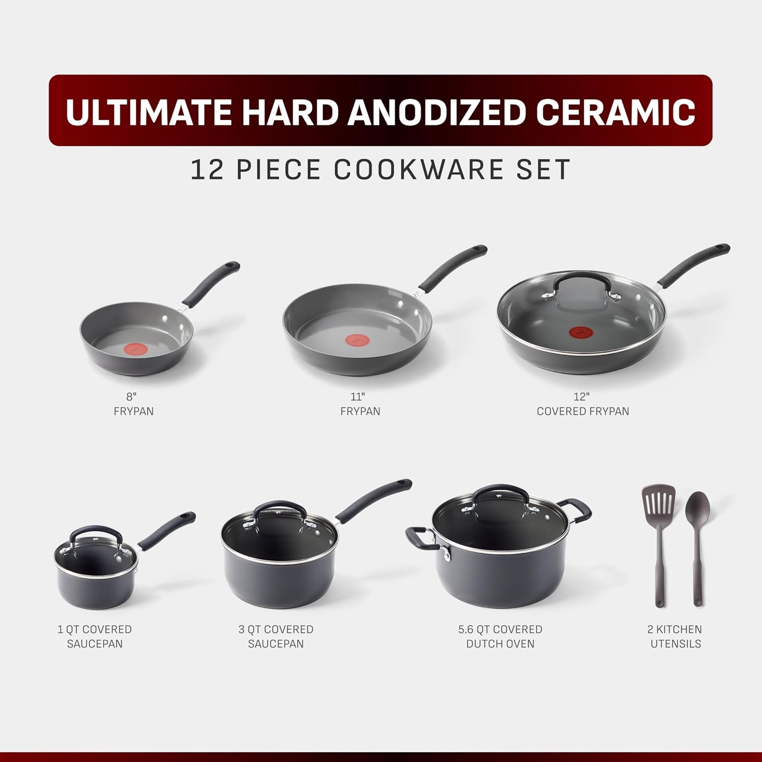 T-Fal Ultimate Hard Anodized 12-Piece Ceramic Nonstick Cookware Set, Oven Safe Up to 400°F, Ceramic Pots and Pans Set, Frying Pans, Saucepan, Stockpot, Cooking Utensils, Stone