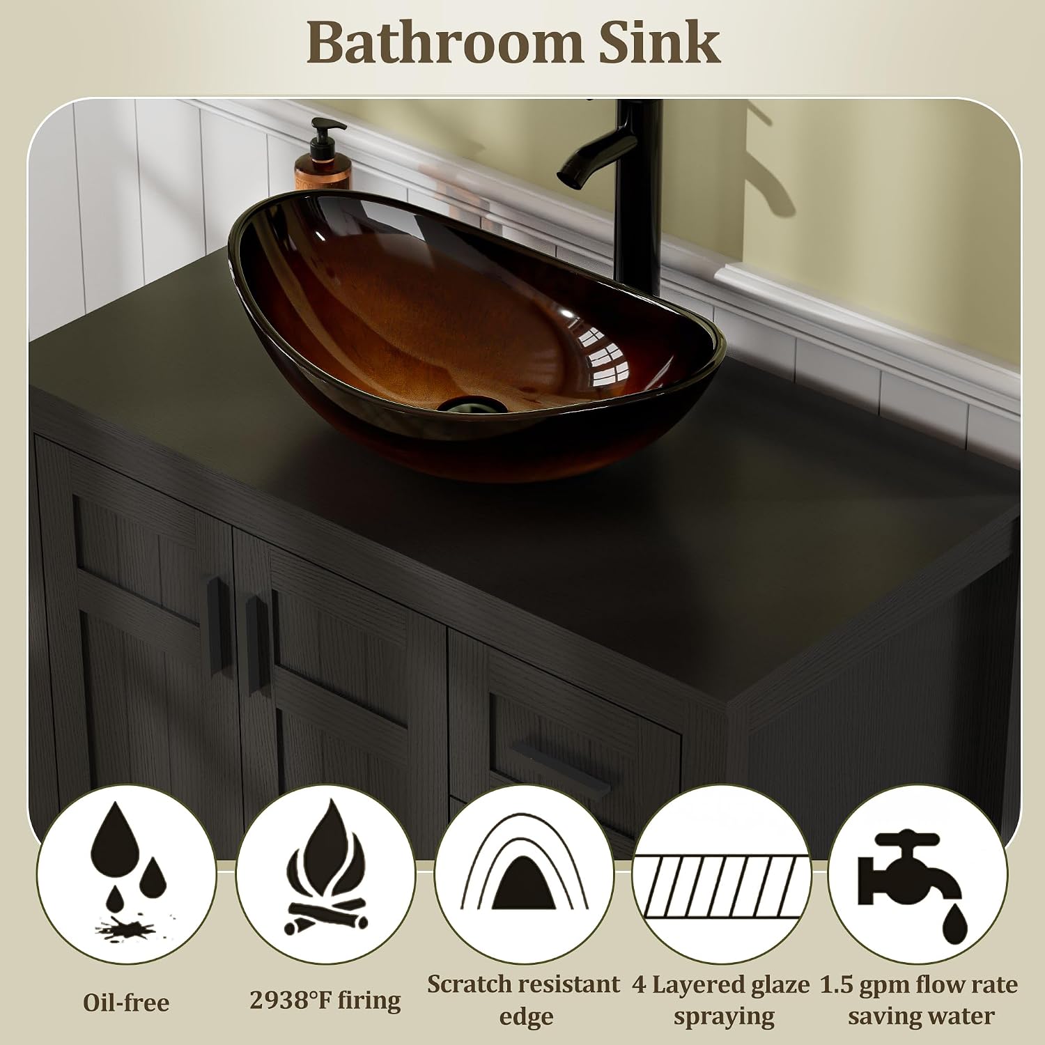 UEV 36' Bathroom Vanity with Sink Combo,Modern Freestanding Sink Cabinet with 3 Drawers,Stylish Bathroom Vanity Cabinet,Grooved Door,Metal Handles,Vessel Sink (Bronze Boat, 36' Black)