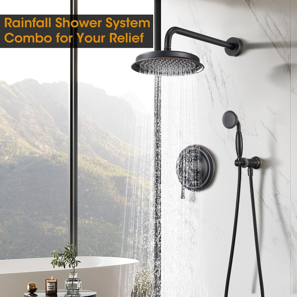 Antique Rain Shower Head with Handheld Spray, Oil Rubbed Bronze Rain Shower System with Rough-in Balance Pressure Valve, 9 inch Bathroom Luxury Rain Fall Shower Head Wall Mount Round, (B2312-ORB)