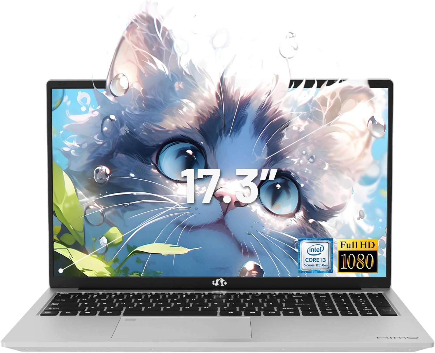 NIMO 17.3' IPS FHD-Laptop, Intel 6 Cores i3-1215U 8GB RAM 256GB SSD (Beat Ryzen 5 7520U, Up to 4.4GHz) Computer with 65W GaN Type C Backlit Keyboard Fingerprint, for Home Student and Business Silver