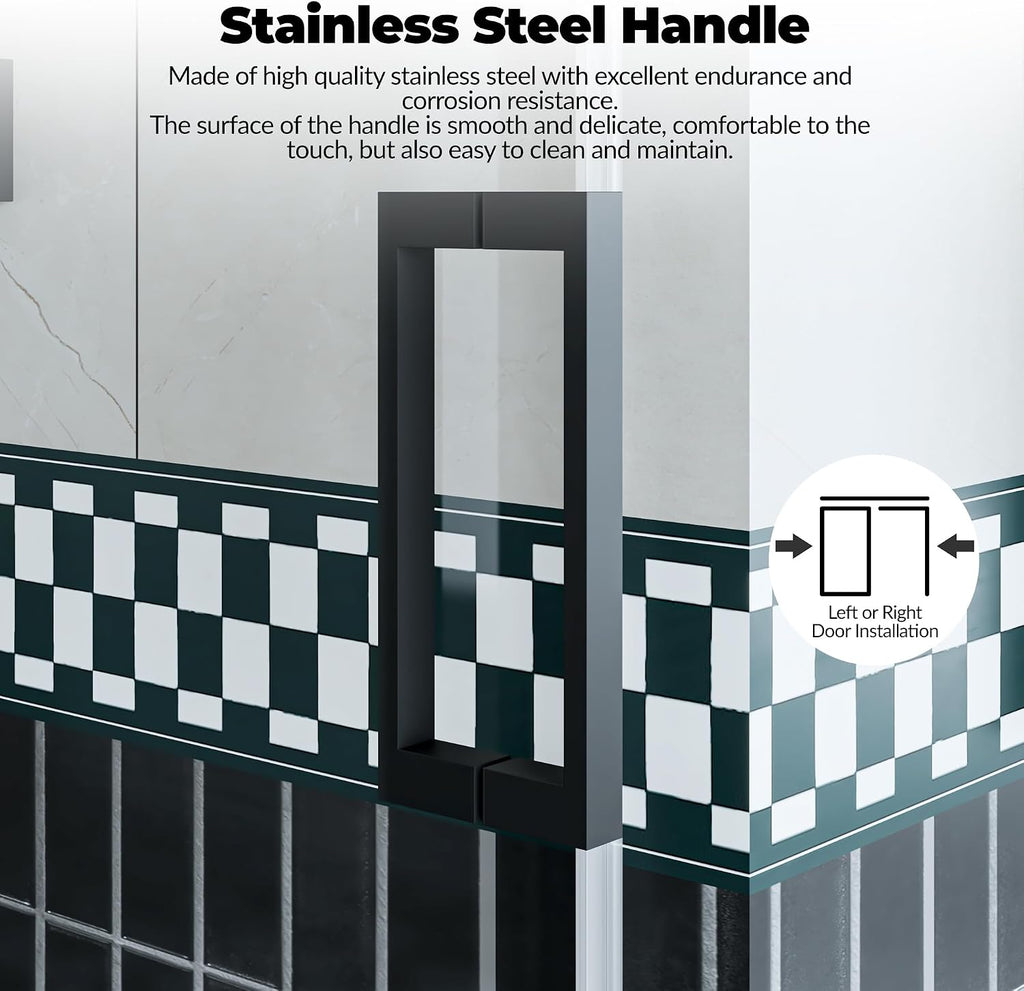 Frameless Sliding Glass Shower Door 56–60 Inch W x 76 Inch H – Single Sliding Door with Fixed Panel, 8mm Tempered Glass, Stainless Steel Round Rail, Matte Black