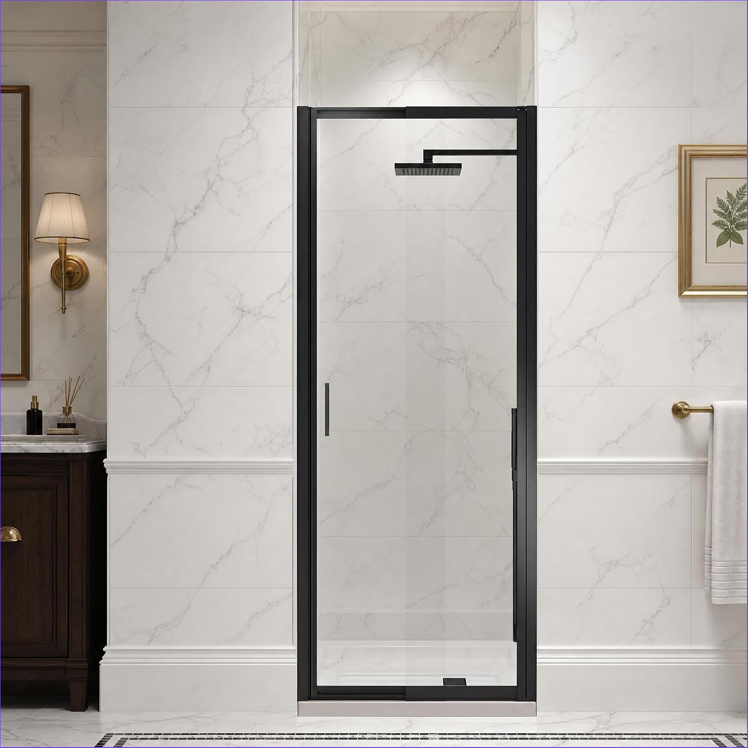 27-30' W x 72' H Pivot Swing Glass Shower Doors, 180° Rotating Retractable Bathroom Shower Door, Frameless Sliding Extended Bypass Shower Door with 3/16'(5mm) Clear SGCC Tempered Glass Matte Black