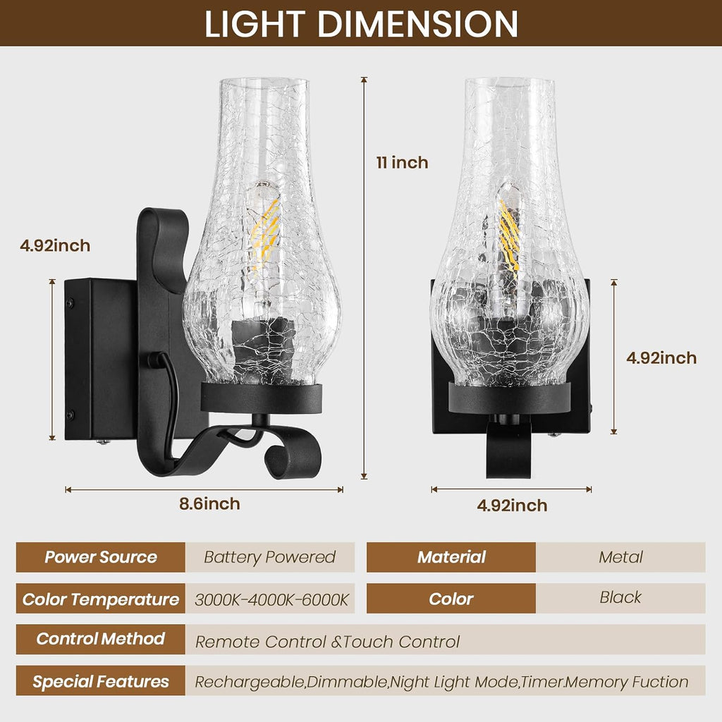 Battery Operated Wall Sconces, Ice Crackle Glass Lampshade Rustic Wall Lights, Non-Hardwired Antique Kerosene Wall Lamps, Vintage Bedside Black Wall Sconces Sets of 2 for Bedroom, Hallway etc