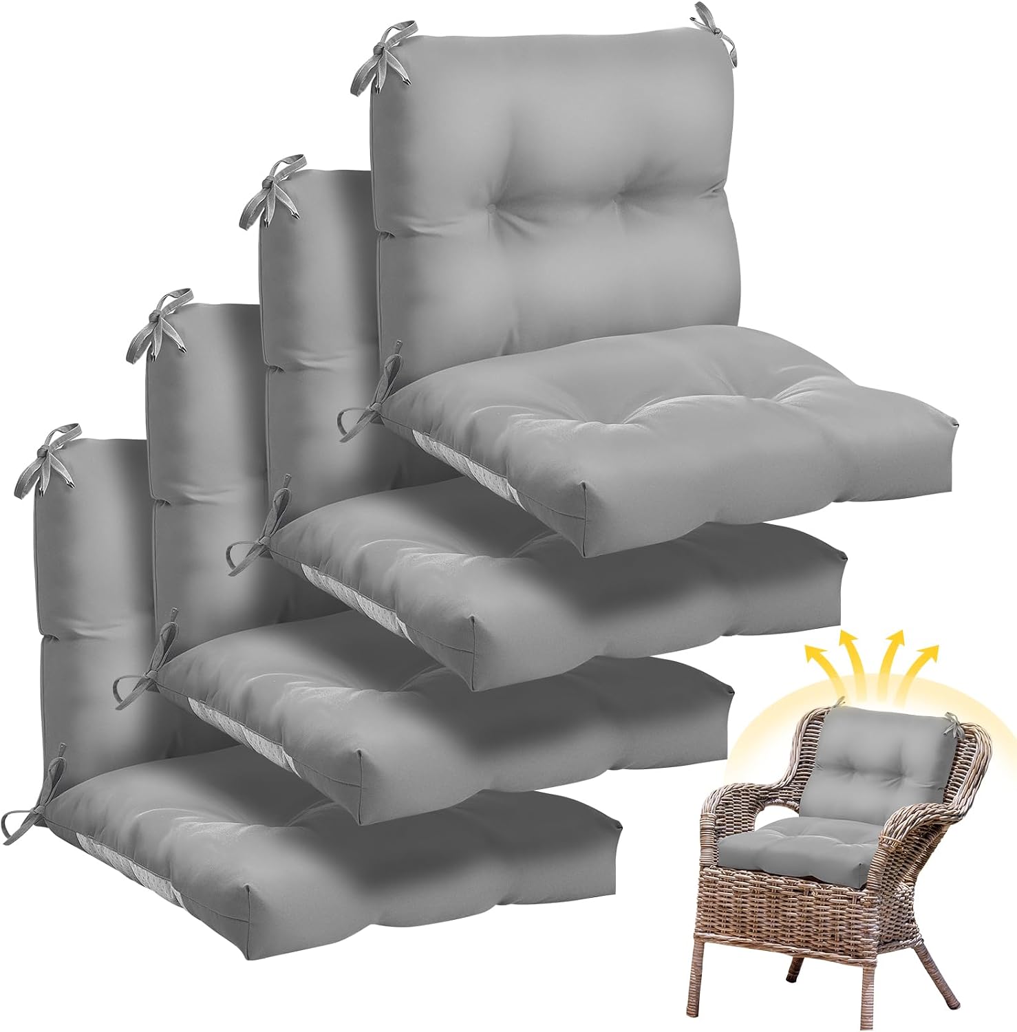 Geetery Outdoor Chair Cushions Set of 4 High Back Patio Furniture Replacement Seat Pads with Ties 42x21x4' for Lawn Porch Wicker Rocking Dining Chairs Weather Resistant Fade Resistant(Light Grey)