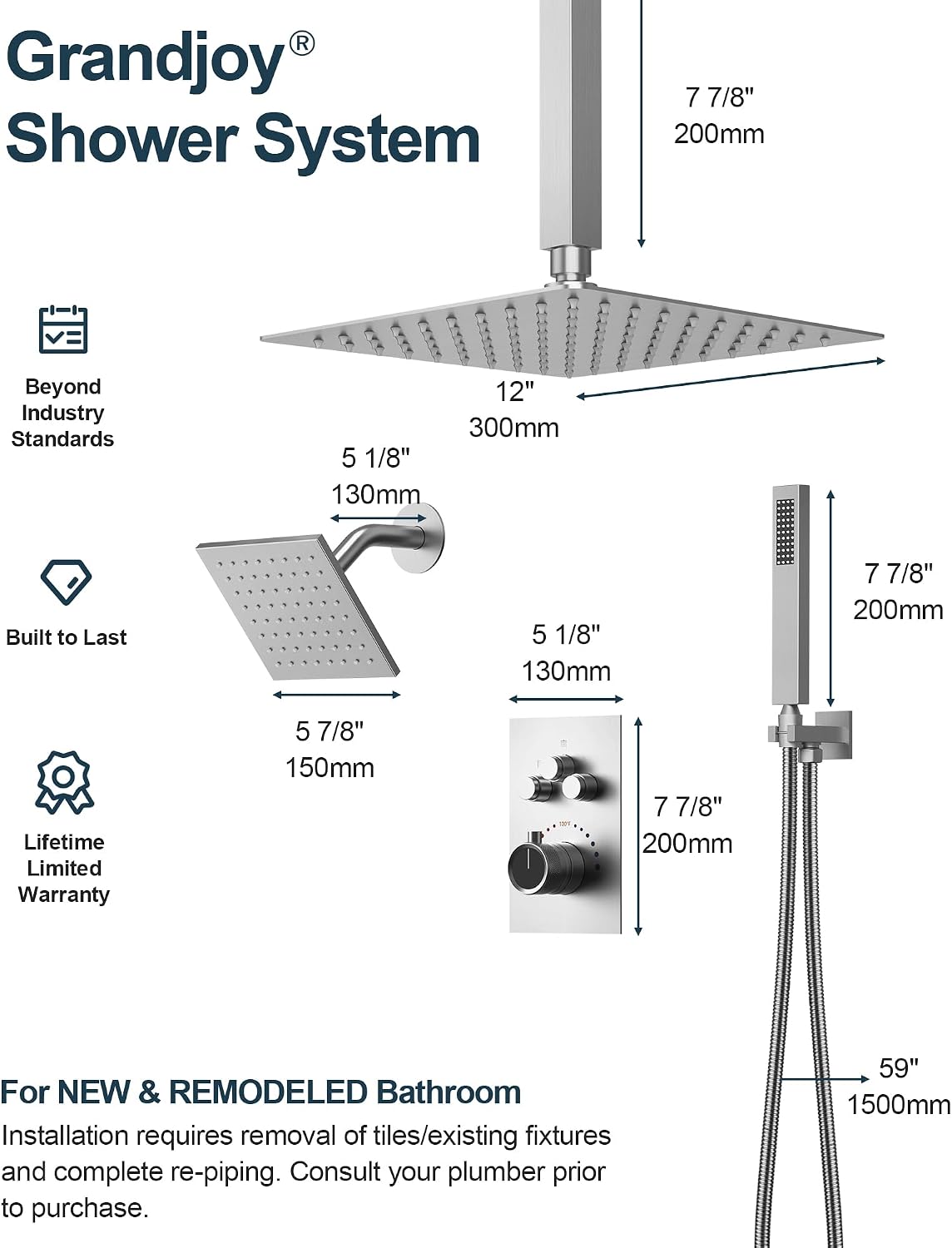 Thermostatic Shower System, 12 Inch Dual Rainfall Shower Heads for Ceilling & Wall Mounted with Handheld Sprayer, Brushed Nickel