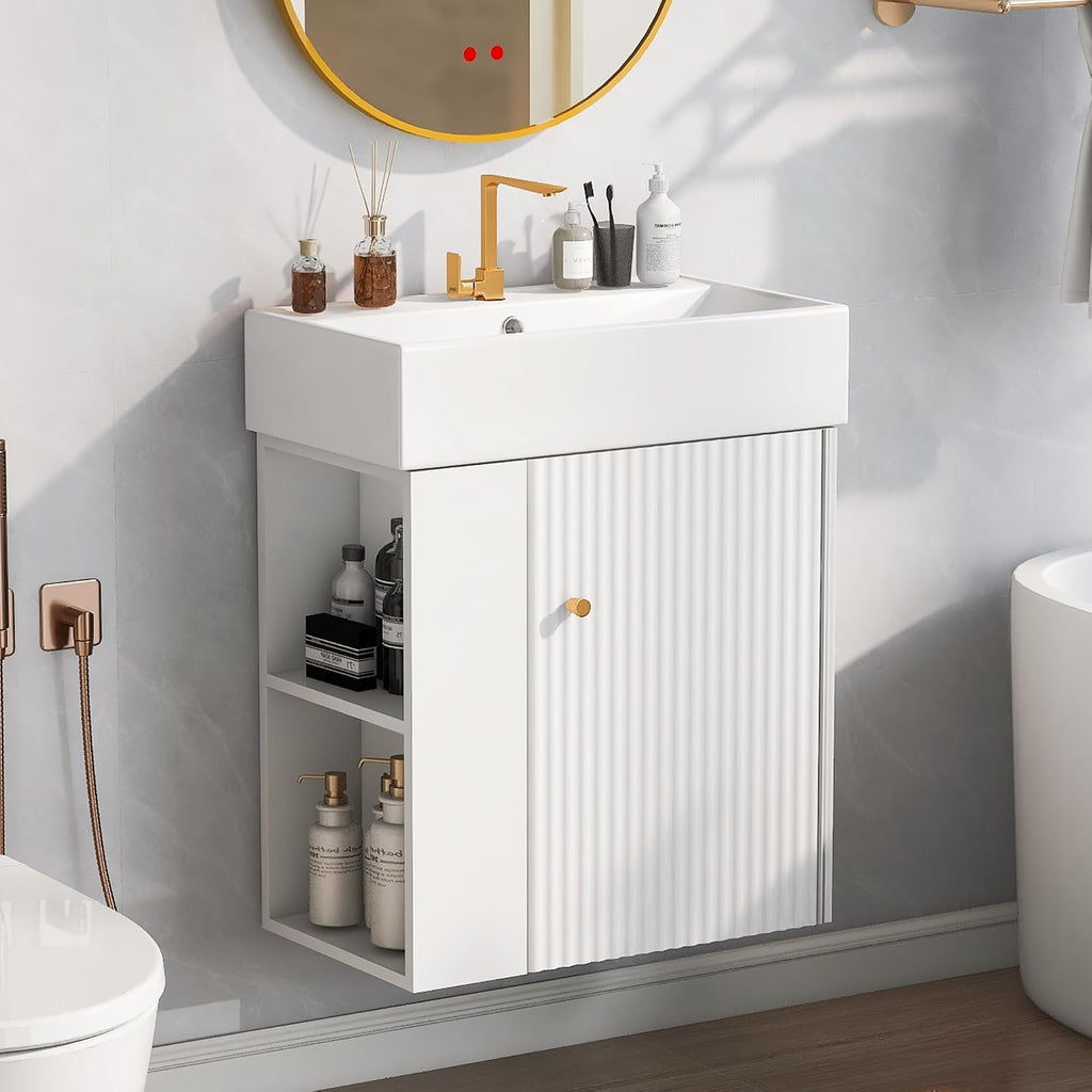 21.6-inch Bathroom Vanity with Sink, Wall-Mounted Vanity Cabinet with Storage Cabinet & Left Two-Tier Shelf, Solid Wood Bath Vanity Organizer with Ceramic Sink for Bathroom, White
