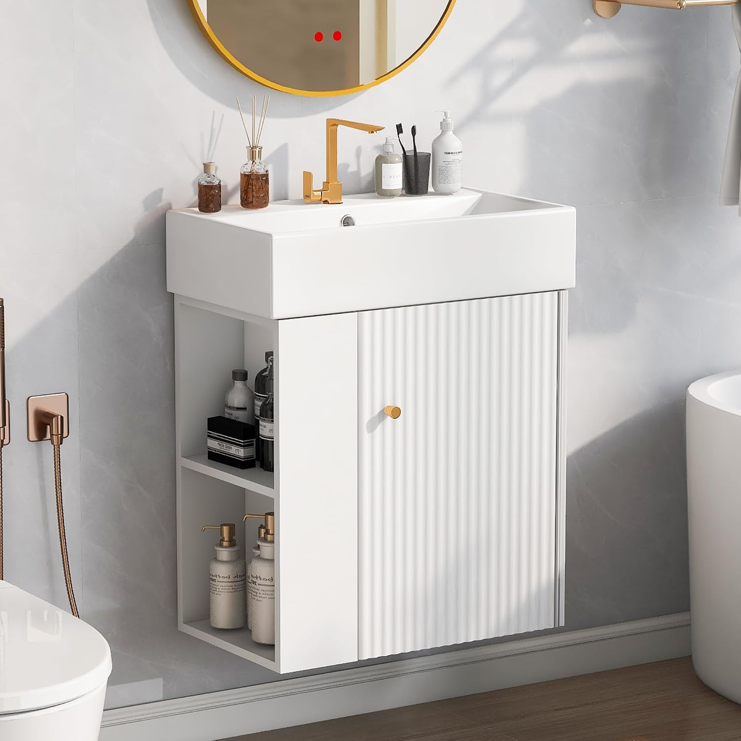 21.6-inch Bathroom Vanity with Sink, Wall-Mounted Vanity Cabinet with Storage Cabinet & Left Two-Tier Shelf, Solid Wood Bath Vanity Organizer with Ceramic Sink for Bathroom, White