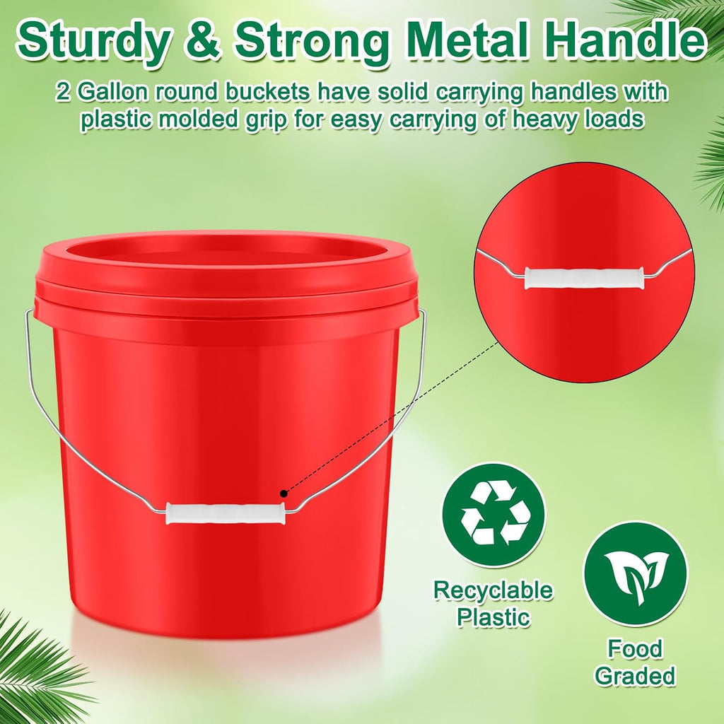 Tioncy 24 Pcs 2 Gallon Plastic Bucket with Lid Heavy Duty 2 Gallon Bucket Pail with Lid Handle for Storage Container Home Household Cleaning (Red)