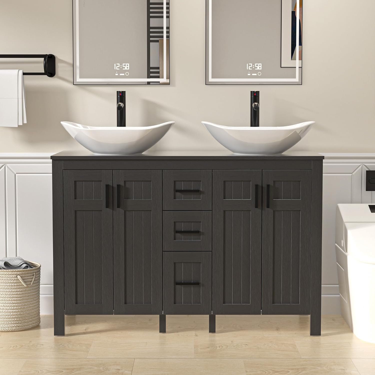 UEV 48' Bathroom Vanity with Sink Combo,Modern Freestanding Sink Cabinet with 3 Drawers,Stylish Bathroom Vanity Cabinet,Grooved Door,Metal Handles,Vessel Sink (Arch Rectangle, 48''Black)