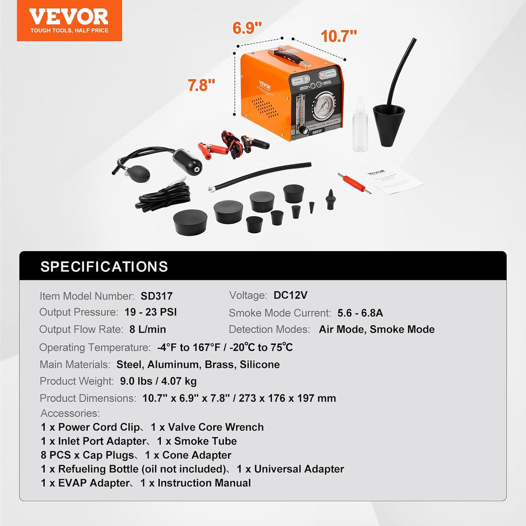 VEVOR Automotive Smoke Machine Leak Detector, EVAP Smoke Machine Leak Tester with Built-in Air Pump, Pressure Gauge & Flow Meter, Dual-Mode Diagnostic Leak Detector for Vacuum, Fuel, Pipeline Testing