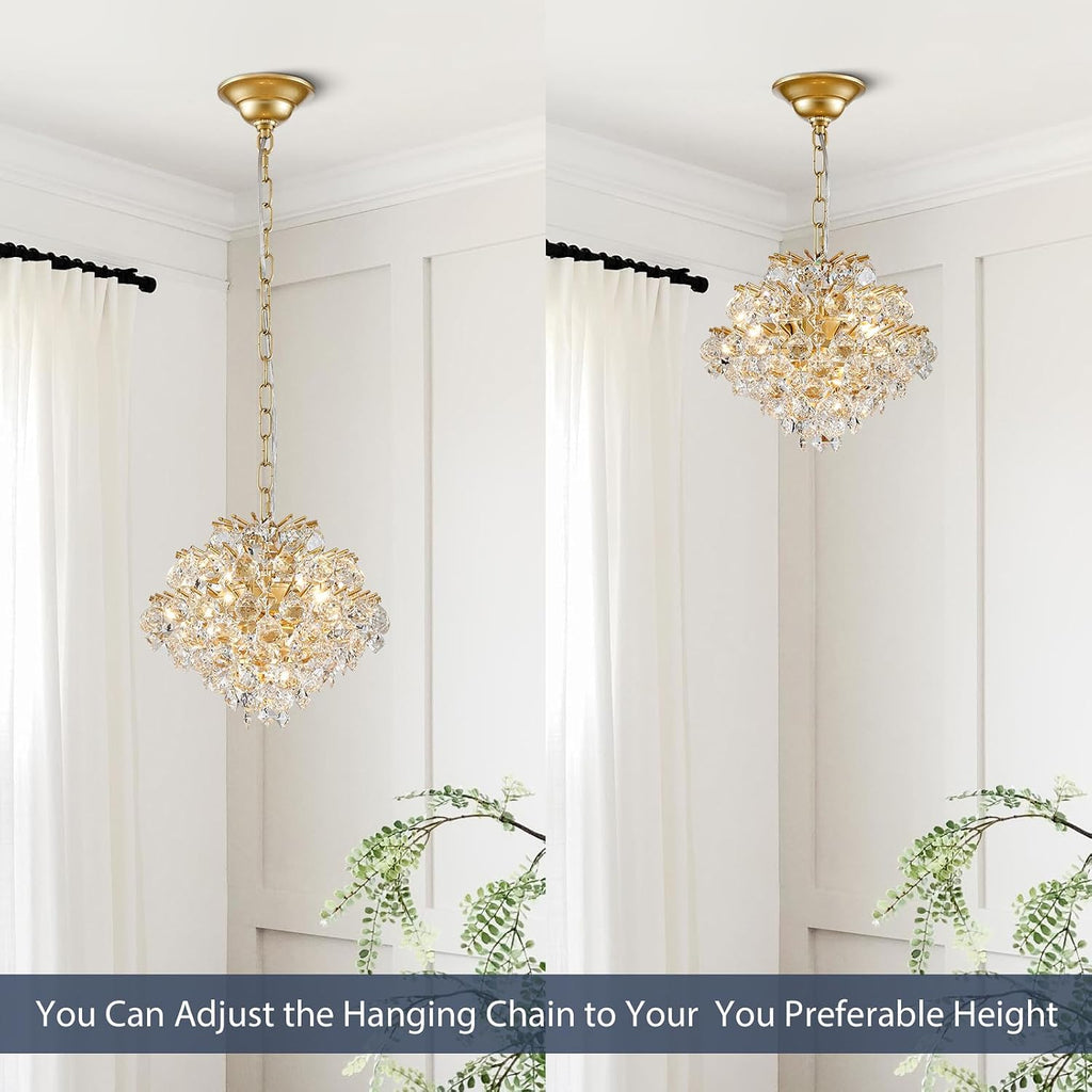 Bestier Gold Modern Pendant Chandelier Crystal Raindrop Lighting Ceiling Light Fixture Lamp for Dining Room Bathroom Bedroom Livingroom 4 G9 Bulbs Required D11 in x H12 in