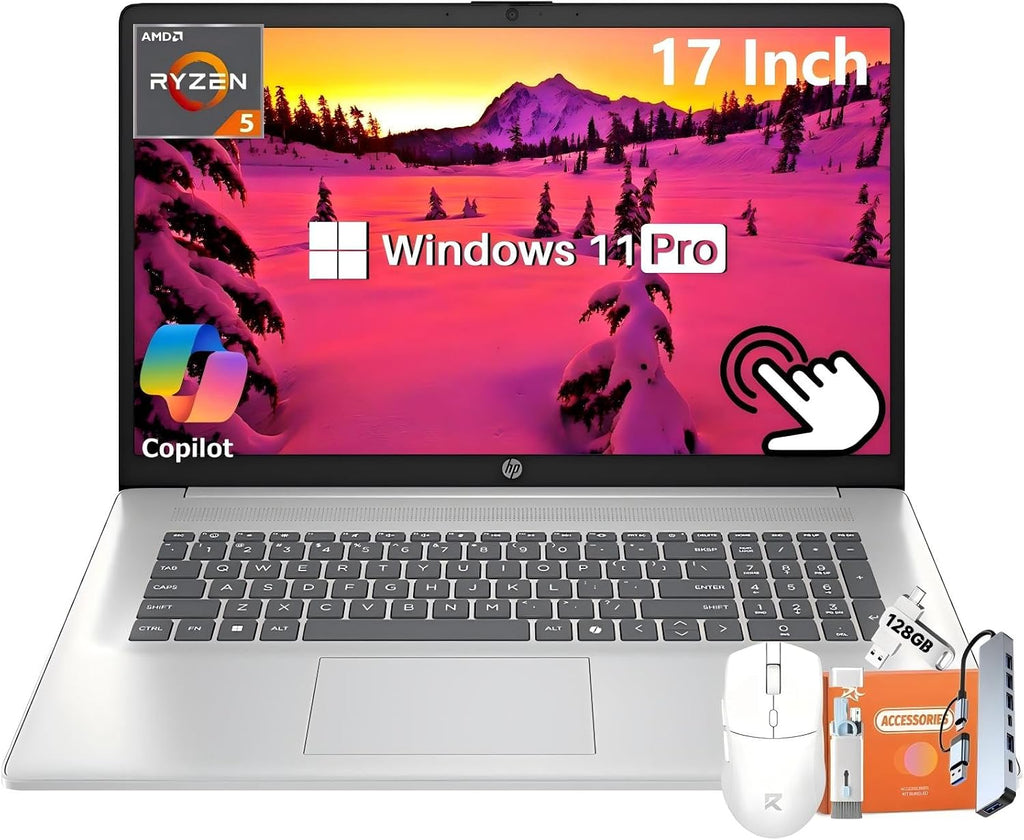 HP 17.3' Touchscreen Laptop for Business, AMD Ryzen 5 7430U 6-Core, 32 GB RAM, 1 TB SSD, AMD Radeon GPU, HD+ Display, Long Battery Life, HD Webcam, Wi-Fi 6, Copilot AI, Windows 11 Pro, w/Accessories