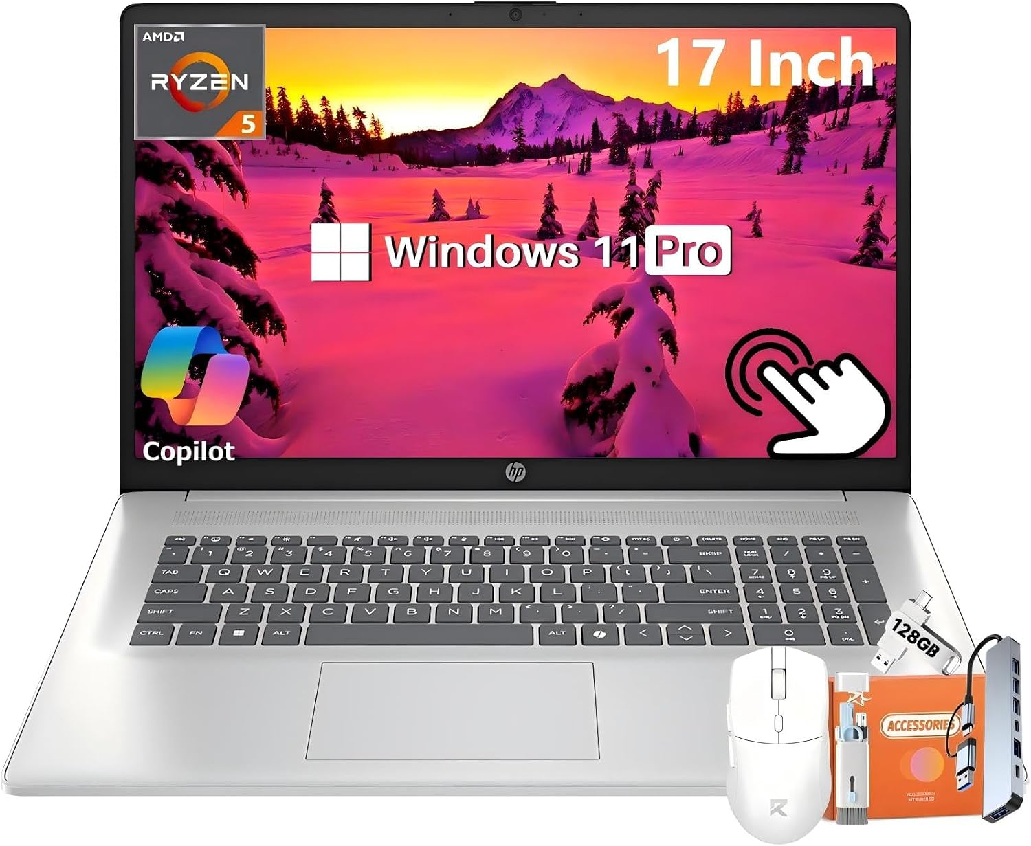 HP 17.3' Touchscreen Laptop for Business, AMD Ryzen 5 7430U 6-Core, 32 GB RAM, 1 TB SSD, AMD Radeon GPU, HD+ Display, Long Battery Life, HD Webcam, Wi-Fi 6, Copilot AI, Windows 11 Pro, w/Accessories