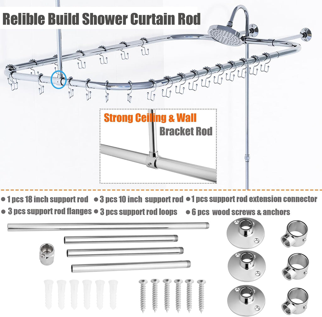 Clawfoot Tub Shower Kit, Add On Shower Units With Bathcock Diverter Faucet and 48' X 27' Rectangular Claw foot Tub Shower Curtain Rod Kit,Claw foot Tub Shower Faucet Set,Chrome Plated