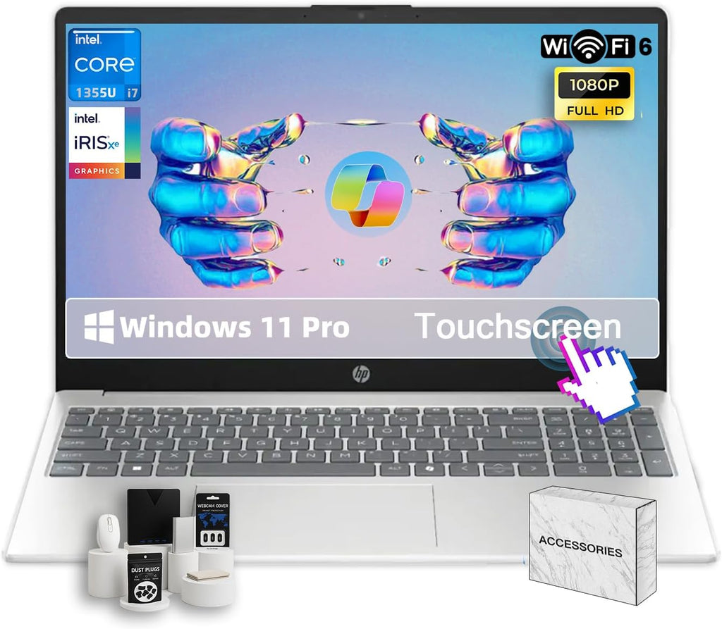 HP Touchscreen Laptop for Business and Students • 15.6' FHD IPS Disaplay • Intel 10-Core i7-1355U • Wi-Fi 6 • AI Noise Removal • Copilot • HD Webcam • w/Accessories • Win 11 Pro • (32 GB RAM, 1TB SSD)
