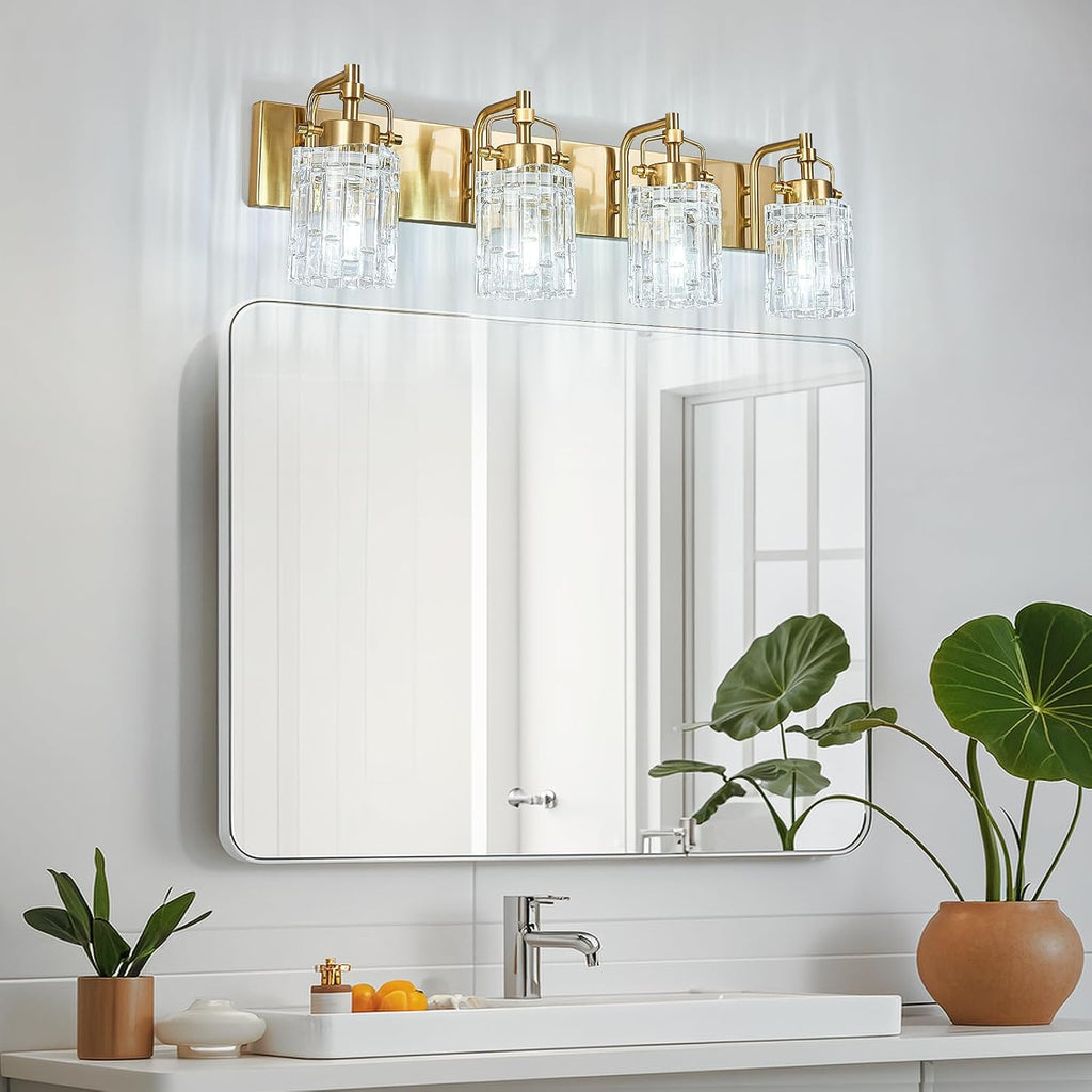 4 Light Crystal Glass Vanity Light, Gold Bathroom Lighting Fixtures Over Mirror Modern Bath Wall Sconce Lighting for Bedroom Living Room