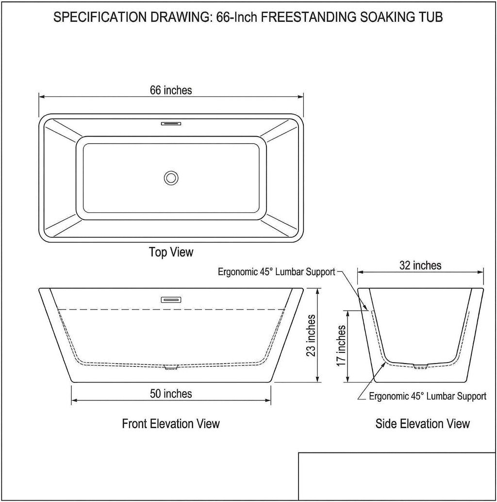 66' Acrylic Freestanding Soaking Bathtub, Matte Drain & Black Overflow, Modern Design Tub for Home Bathroom Renovations, Glossy White