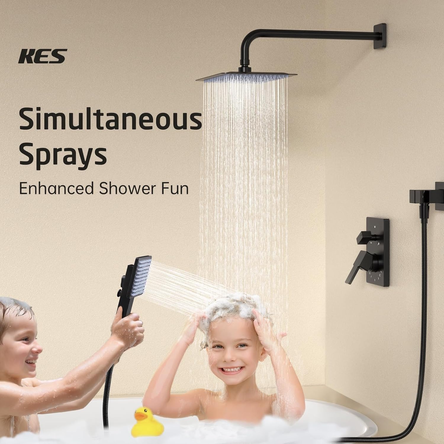 KES Black Shower Faucet Set with 12' Rectangle Rain Head, 18/8 stainless steel Shower Head System with 3-Modes Handheld Spray, Pressure-Balanced Anti-Scald Valve, XB6247S12-BK