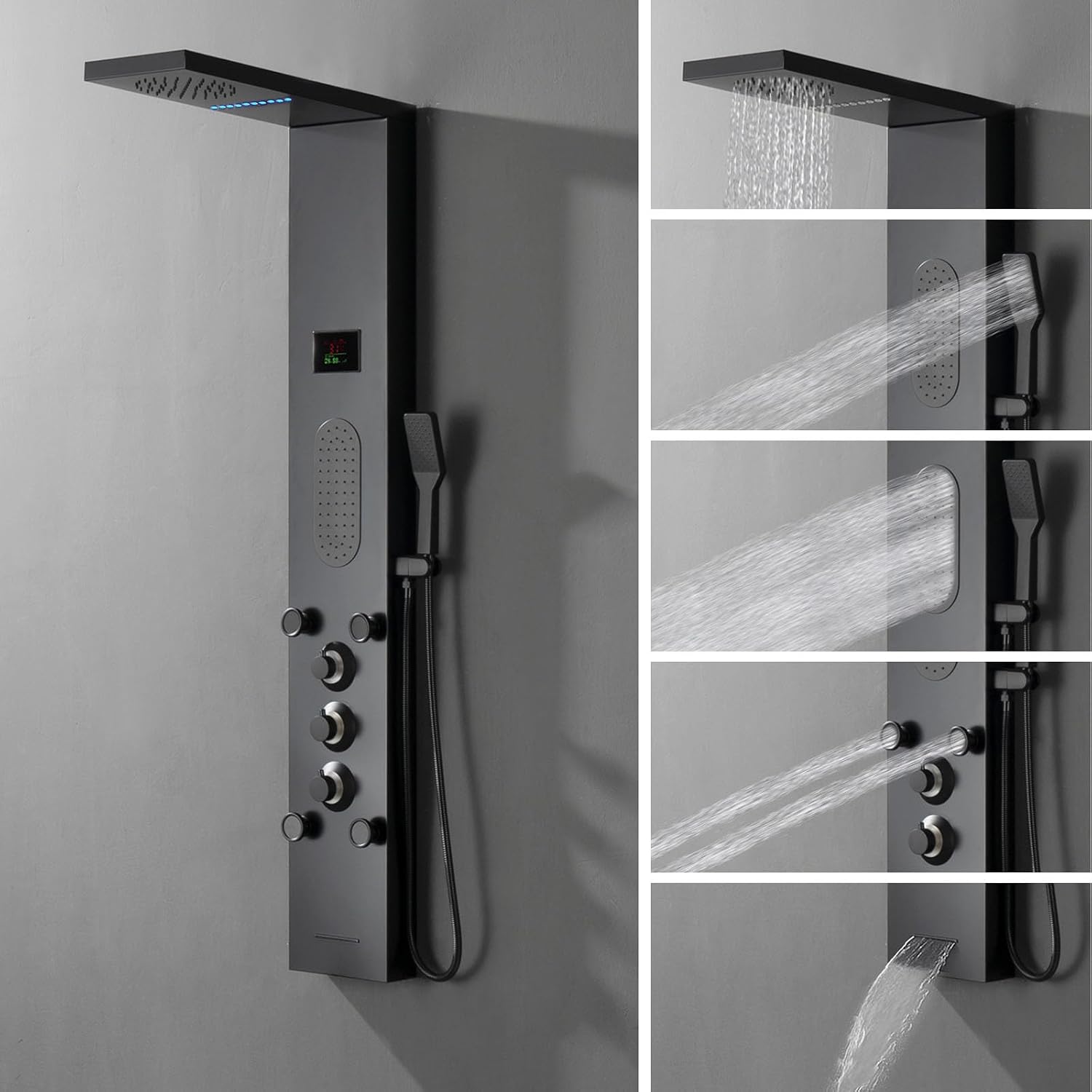 Black Shower Panel Tower System, LED Light Shower Tower with Large Area Body Jet Massage Shower Fixtures with LCD Temperature Display, Adjustable Body Jets Tub Spout Hand Shower, Black