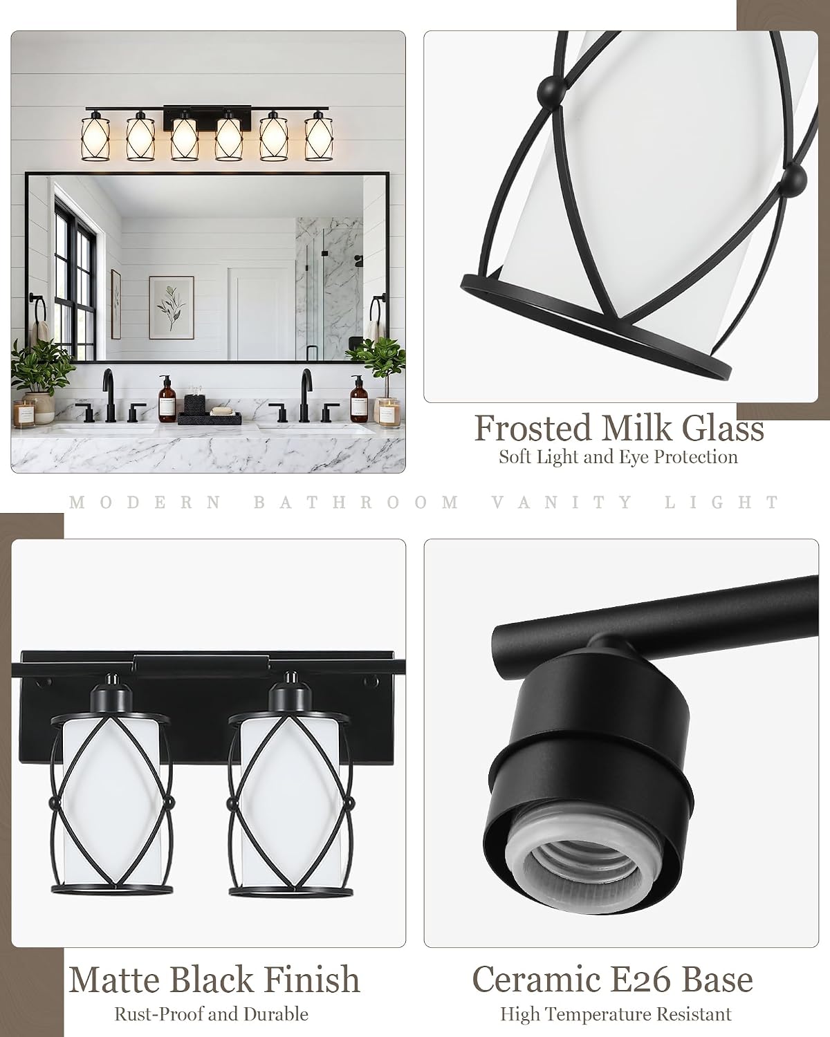6-Light Matte Black Bathroom Light Fixtures Over Mirror, 42' UL-Listed Modern Farmhouse Wall Sconce Lights with Milk White Frosted Glass and Metal Cage for Bath, Hardwire E26, CH9176BKW-6W