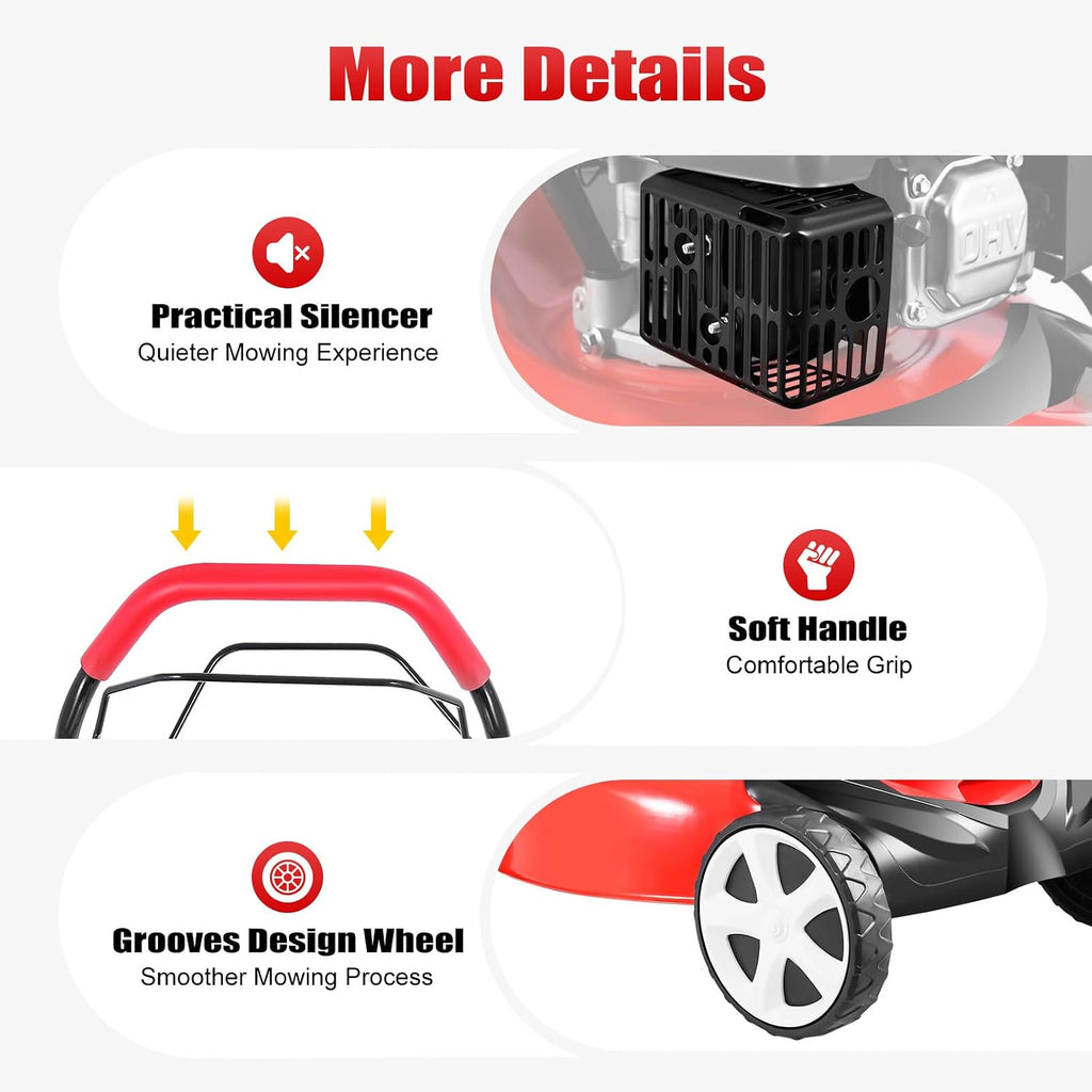 Self Propelled Gas Lawn Mower, 4-Stroke 140CC 5HP OHV Gasoline Lawn Mowers 3-in-1 Multifunctional Push Mowing Single Cylinder Mulching Lawnmower w/8 Gears Height Adjustments for Urban Gardens, Villas
