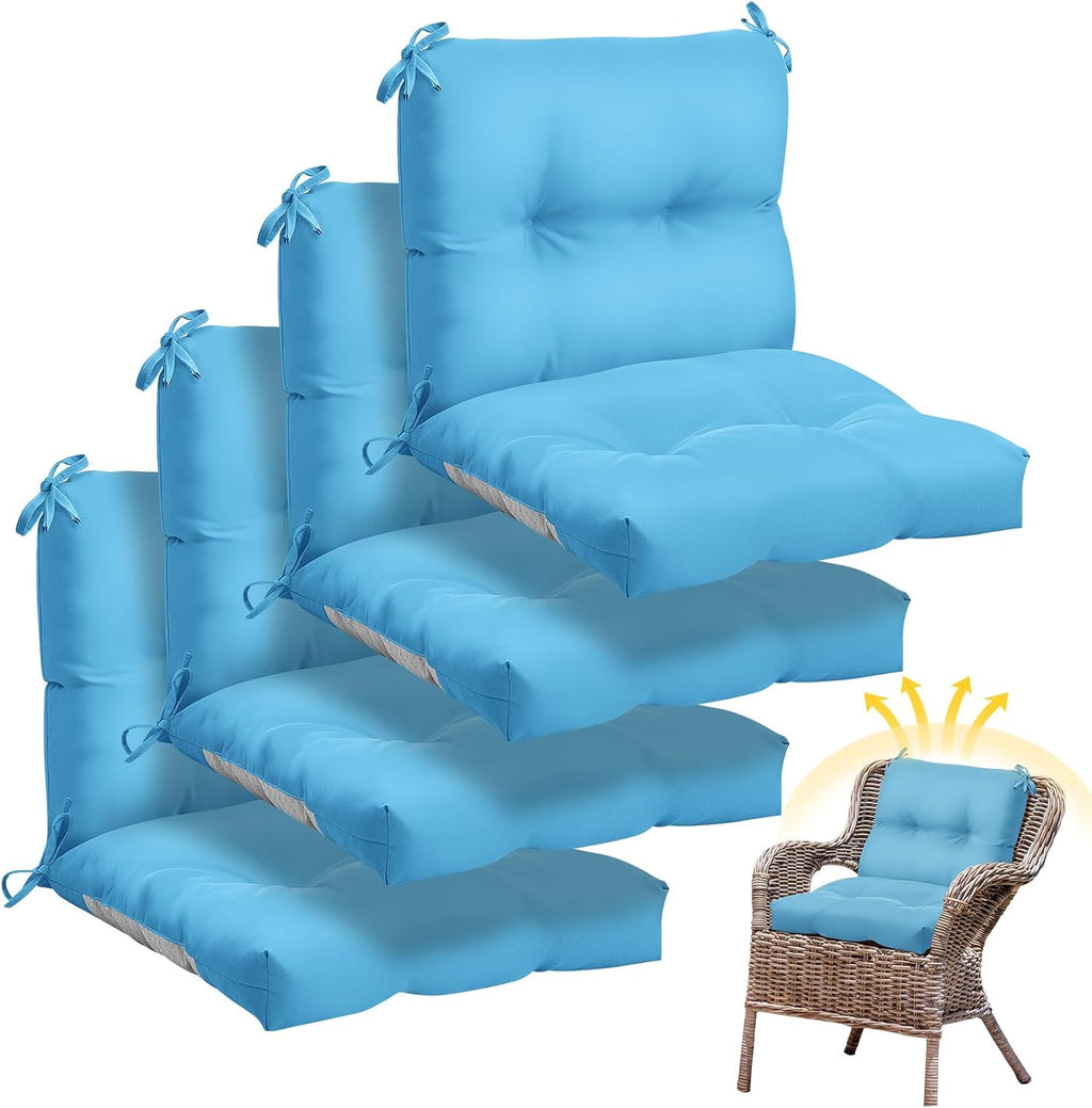 Geetery Outdoor Chair Cushions Set of 4 High Back Patio Furniture Replacement Seat Pads with Ties 42x21x4' for Lawn Porch Wicker Rocking Dining Chairs Weather Resistant Fade Resistant (Lake Blue)