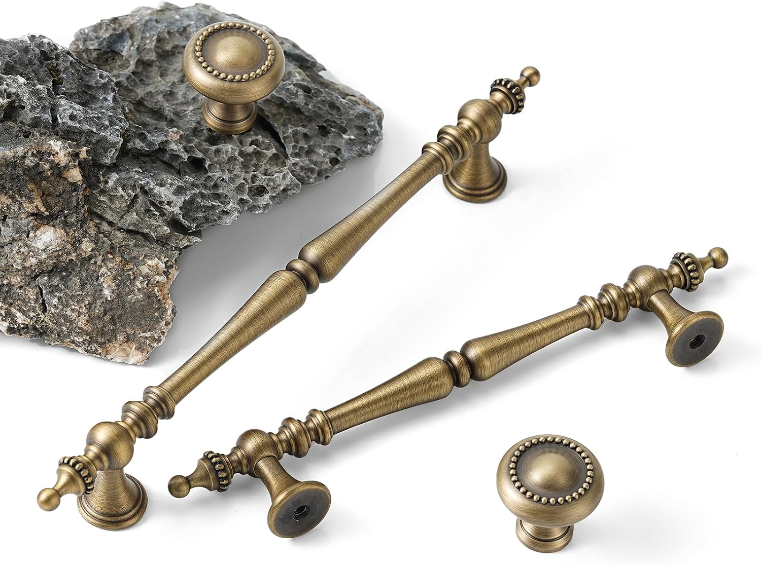 20 Pack | Cabinet Pulls | Solid Brass | 5 Inch Hole Center | Brushed Antique Brass | Vintage Cabinet Pulls for Furniture Kitchen & Bathroom Fixture