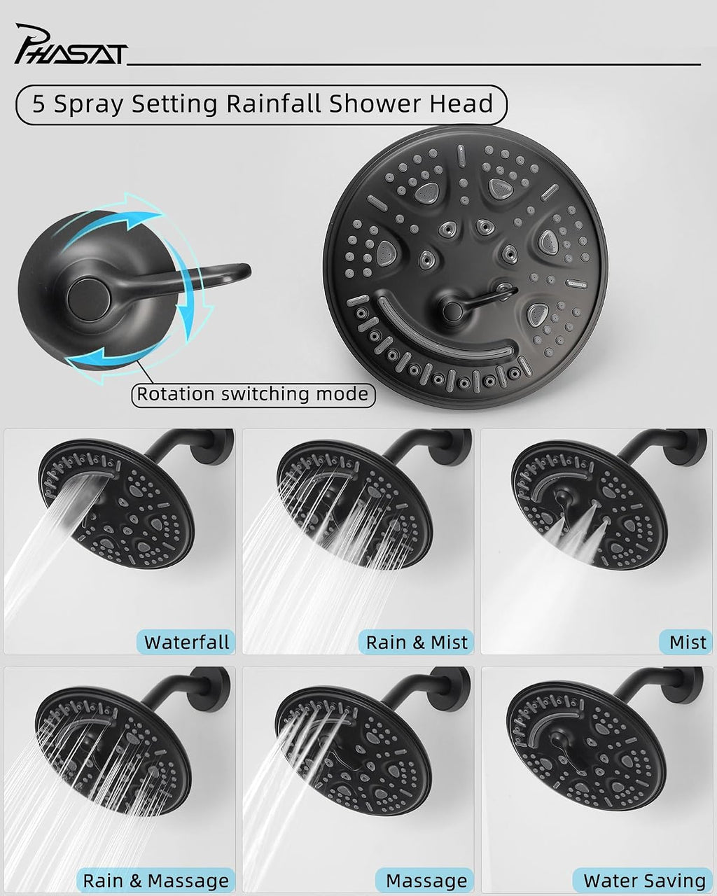 PHASAT 2 Handle Tub Shower Faucet,Bathtub Faucet Set with Tub Spout,Tub and Shower Trim Kit with Rough-in Valve,Matte Black,PU4H09