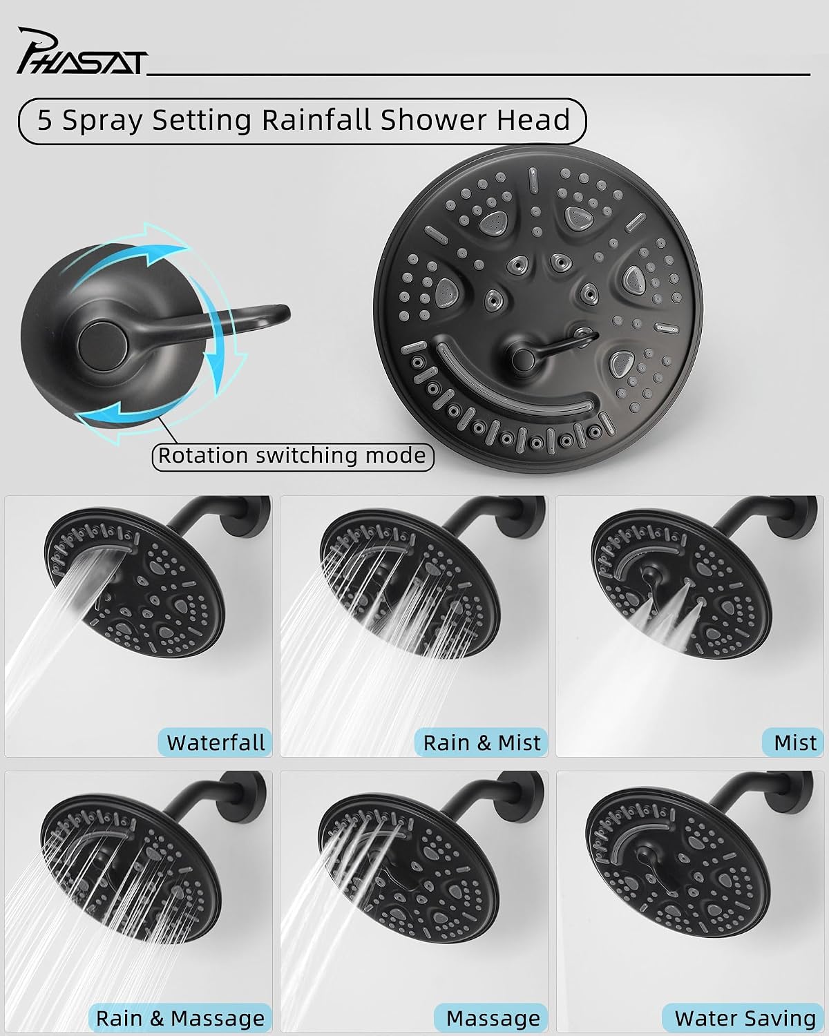 PHASAT 2 Handle Tub Shower Faucet,Bathtub Faucet Set with Tub Spout,Tub and Shower Trim Kit with Rough-in Valve,Matte Black,PU4H09