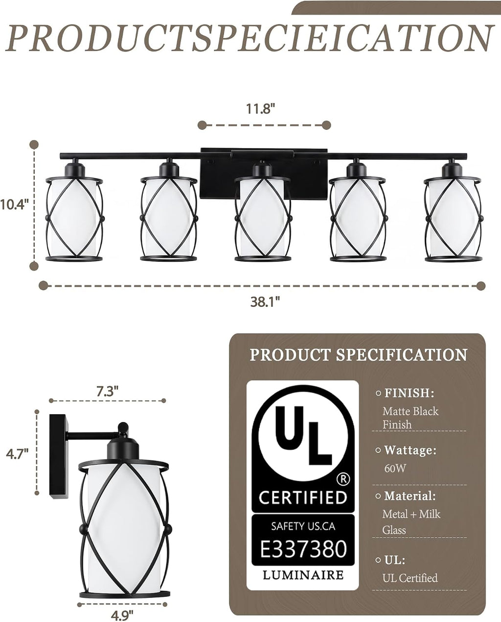 5-Light Matte Black Bathroom Light Fixtures Over Mirror, 38' UL-Listed Modern Farmhouse Wall Sconce Lights with Milk White Frosted Glass and Metal Cage for Bath, E26, CH9176BKW-5W