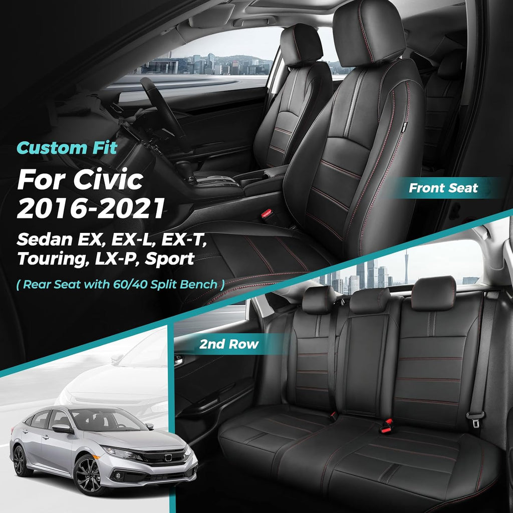 Seat Covers for Honda Civic Sedan EX-L, EX-T, EX, Touring, Sport 2016-2021, Faux Leather Car Seats Cover Full Set Waterproof Black Red Line (60/40 Split Seatback-with Rear Armrest)