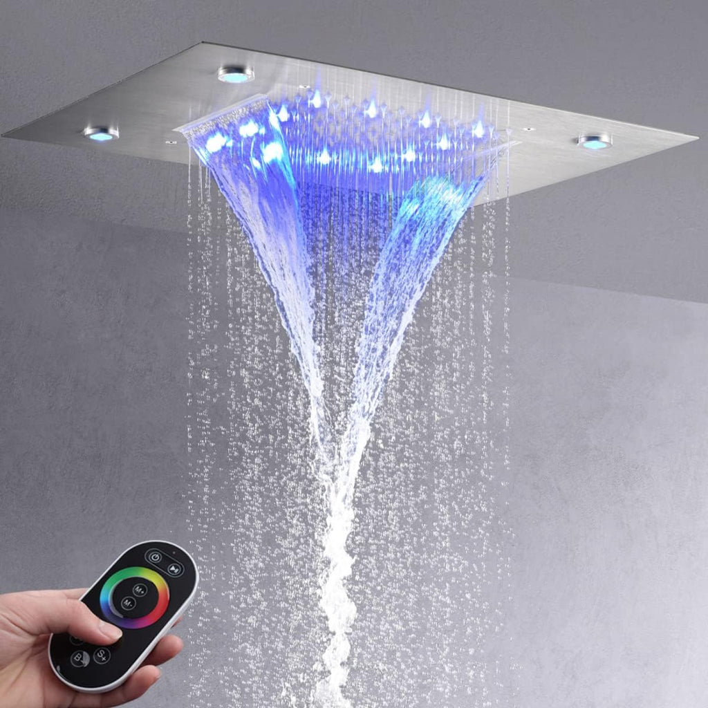 14X20 Inch LED Ceiling Rain Shower Head Rectangle Embedded Type With LED Lights Remote Control (Waterfall And Rain Shower Head, Brushed Nickel)