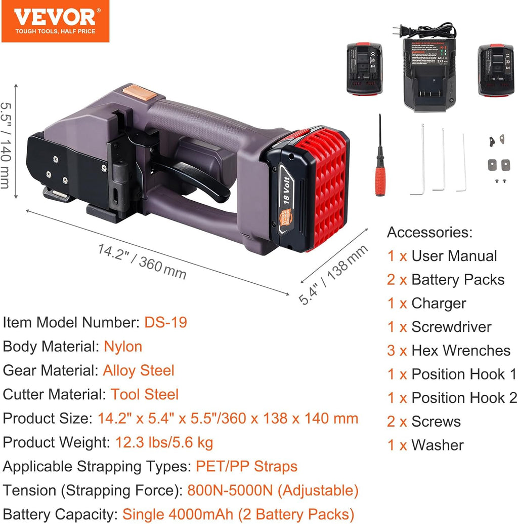 VEVOR Electric Strapping Machine, for 0.39'-0.75' PP PET Straps, Portable Electric Banding Tool with Digital Display, 2 x 4000mAh Battery Powered Automatic Strapping Tool for Packaging Box Pallet