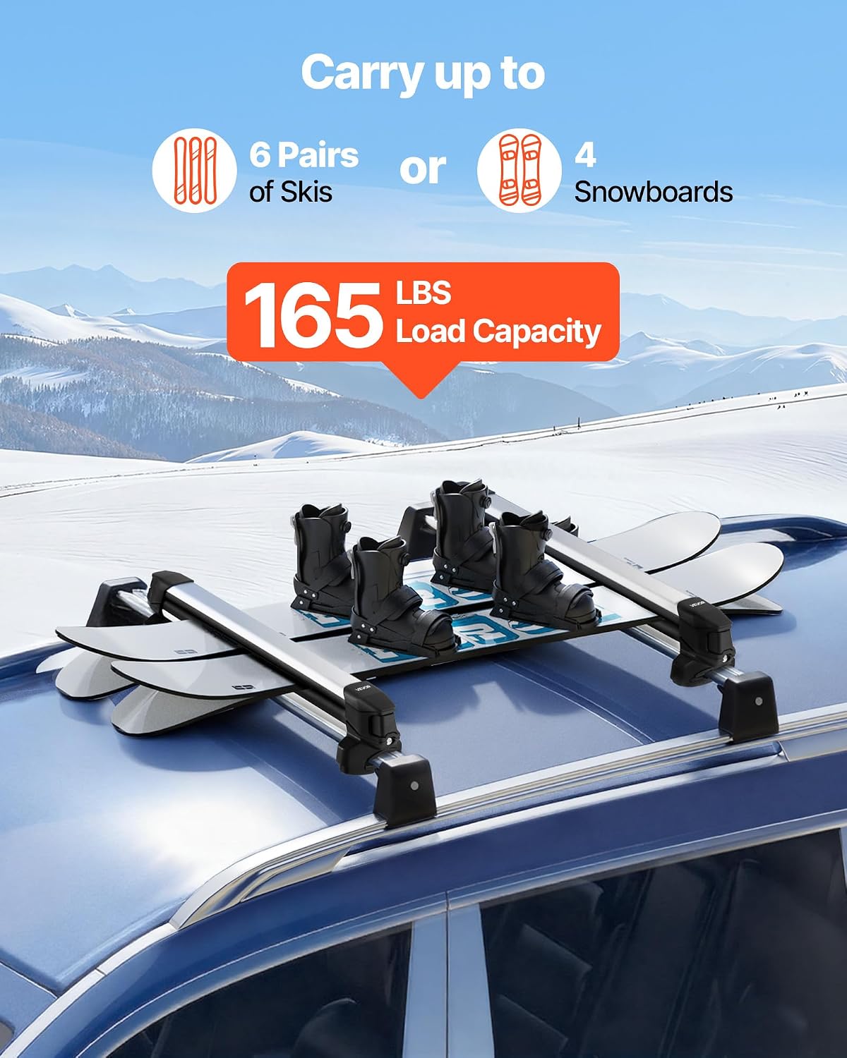 VEVOR Ski & Snowboard Roof Rack, Carry up to 6 Pairs of Skis or 4 Snowboards, 2 PCS Aluminum Universal Car Roof Rack Top Holder with Lock and Rubber Padding for Fishing Pole Rod, Fit Most Crossbars
