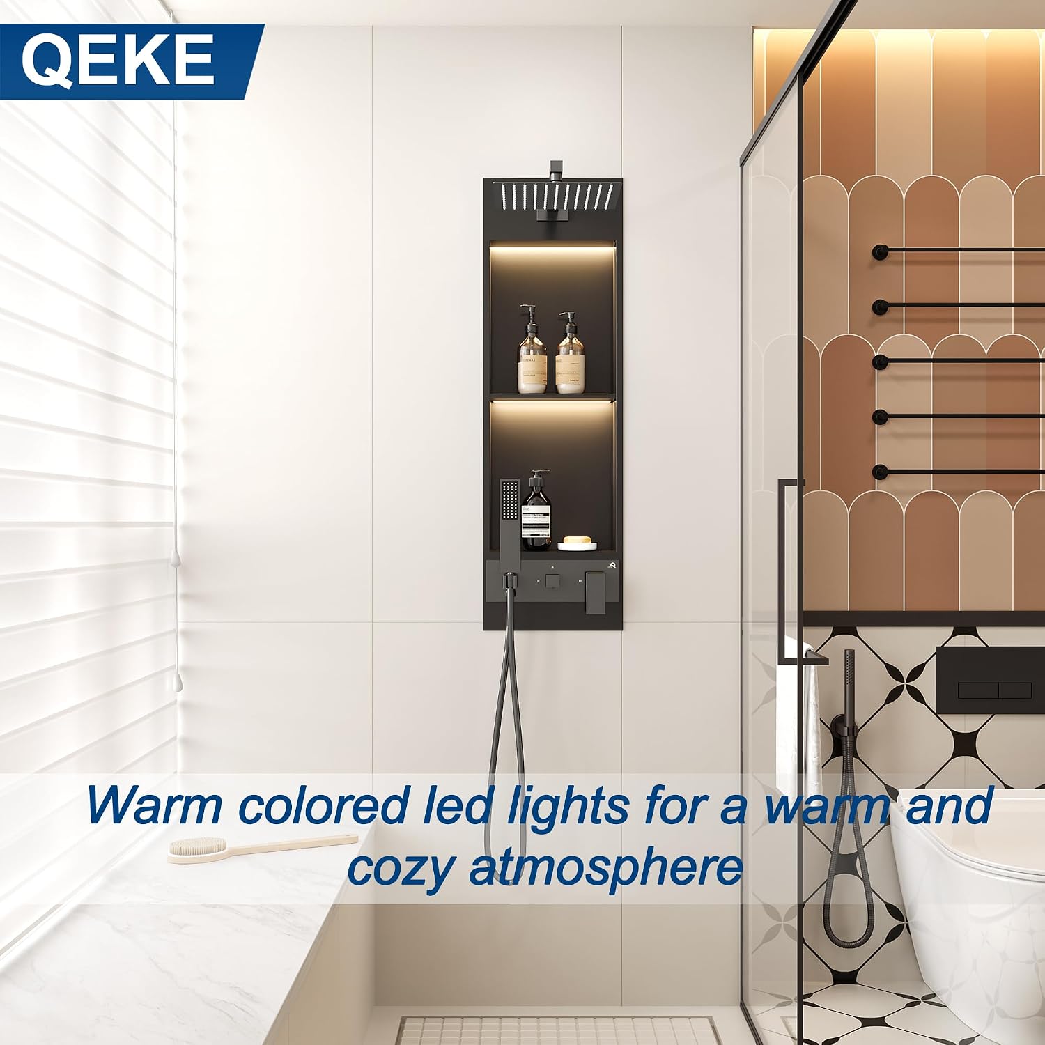 Qeke Integrated Shower Niche with Shower Head and Hand Shower, Stainless Steel Shower Tower System with Led Lights, 2-Tiers No Tile Needed Shower Niche for Bathroom in Gunmetal Black (Golden Shower)