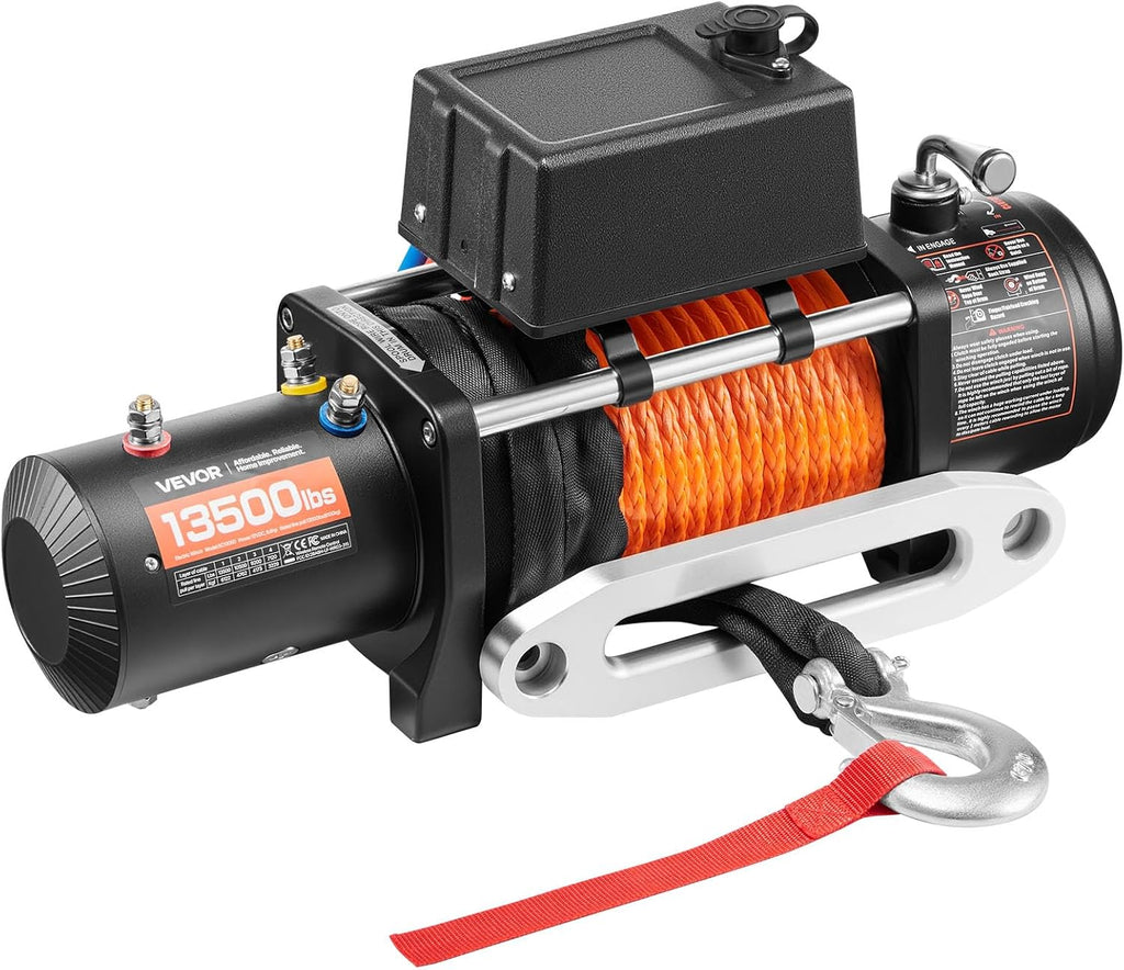 VEVOR 13,500 lb Electric, Truck Winch 12V DC 3/8 in x 80 ft Synthetic Rope Aluminum Fairlead Wireless & Wired Remote Control, 13500 lbs, IP55 Waterproof Towing for Off Road Jeep SUV Boat