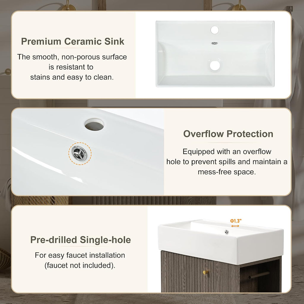 21.6-inch Bathroom Vanity with Reversible Sink, Free-Standing Single Storage Cabinet with One Left Door and Side Open Shelf, Vanity with Ceramic Basin for Bathroom (Dark Grey)