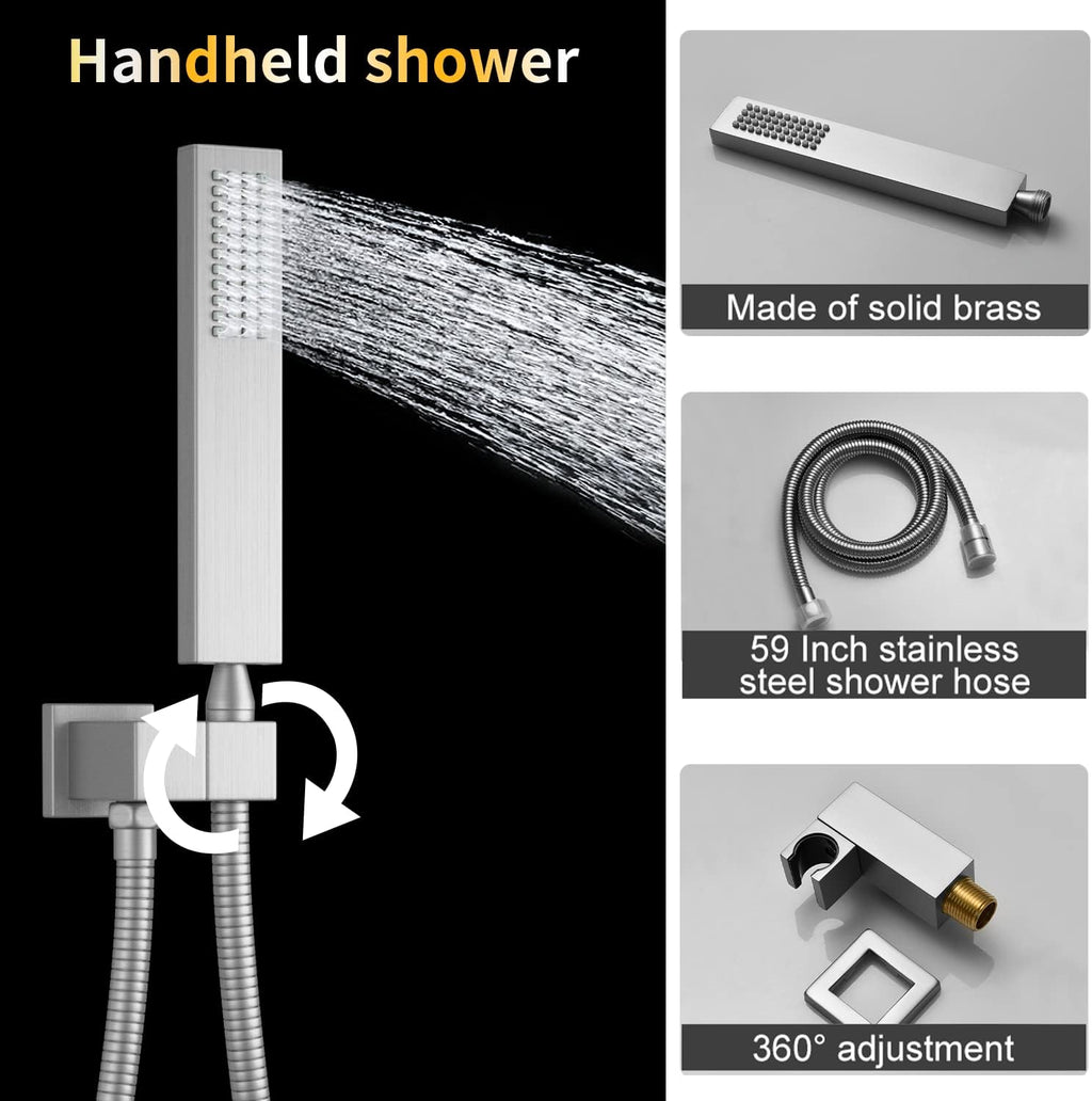 Brushed Nickel Tub Shower Faucet Set AYIVG Ceiling Mounted Shower System with Tub Spout 12 Inch Rain Shower Head and Handheld Shower Fixtures With Temperature Display Push Botton Shower Diverter Valve