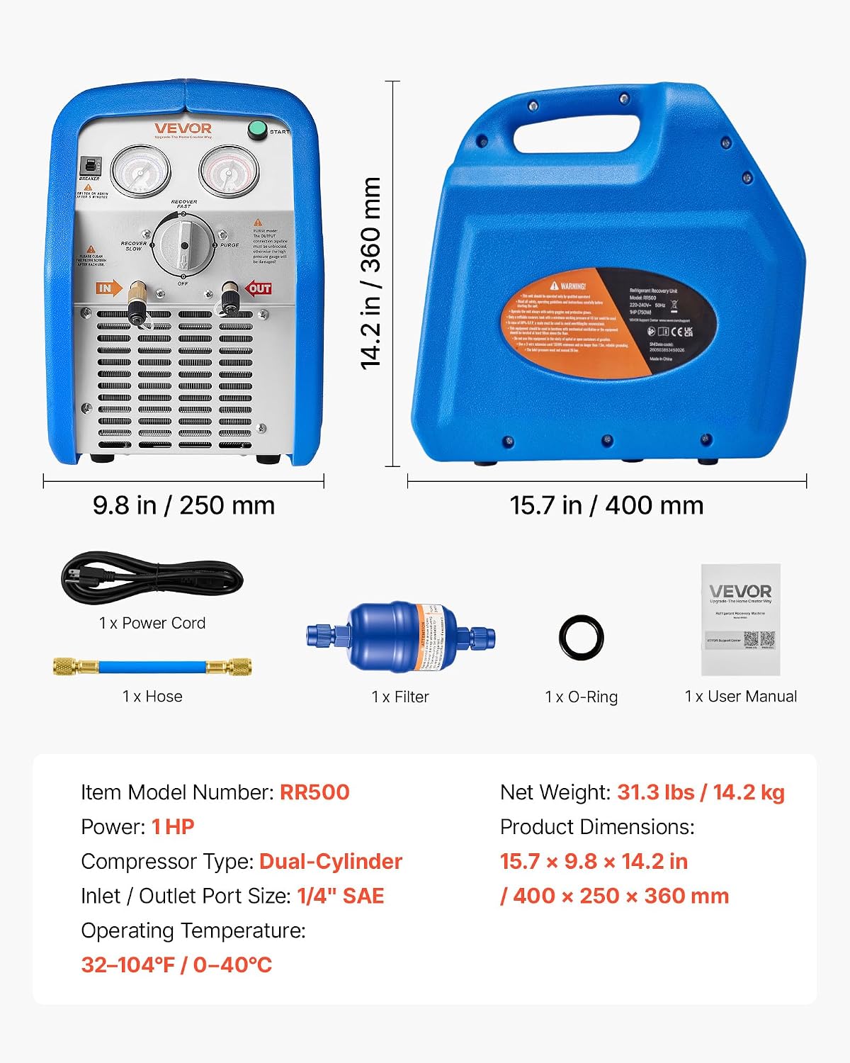 VEVOR Portable Refrigerant Recovery Machine, 1 HP 120V 60Hz Dual Cylinder AC Recovery Machine for Liquid Vapor Refrigerant, 1750 RPM Recycling Unit HVAC for Automotive & Household Air Conditioning